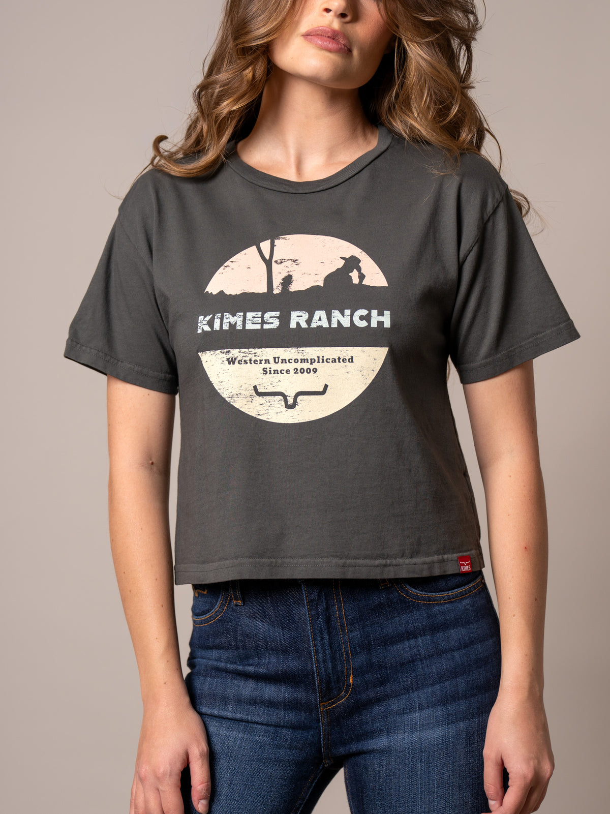 Kimes Ranch Rancher shirt in Pepper with a vintage graphic print featuring a cowboy silhouette