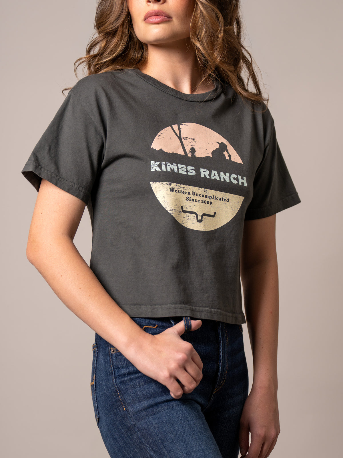 Kimes Ranch Rancher Shirt in Pepper with a vintage sunset graphic and Western Uncomplicated Since 2009 text