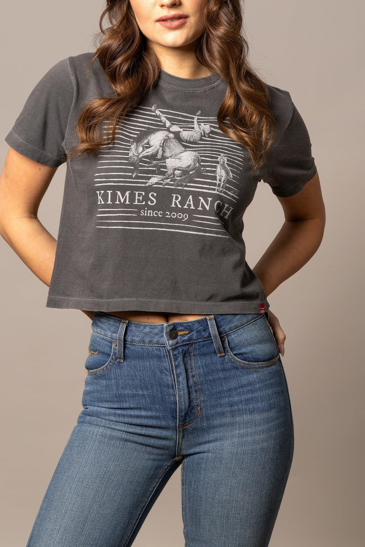 Kimes Ranch Randy Bareback shirt in Pepper with a rodeo graphic and Kimes Ranch logo