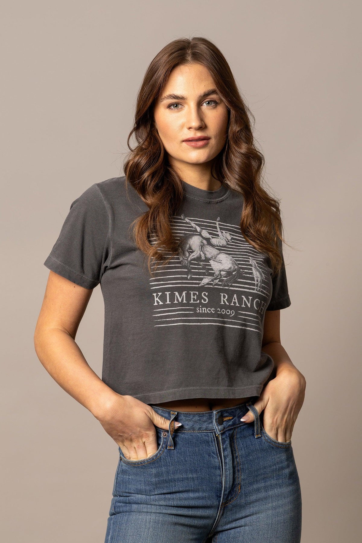 Kimes Ranch Randy Bareback shirt in Pepper with a rodeo graphic and Kimes Ranch logo