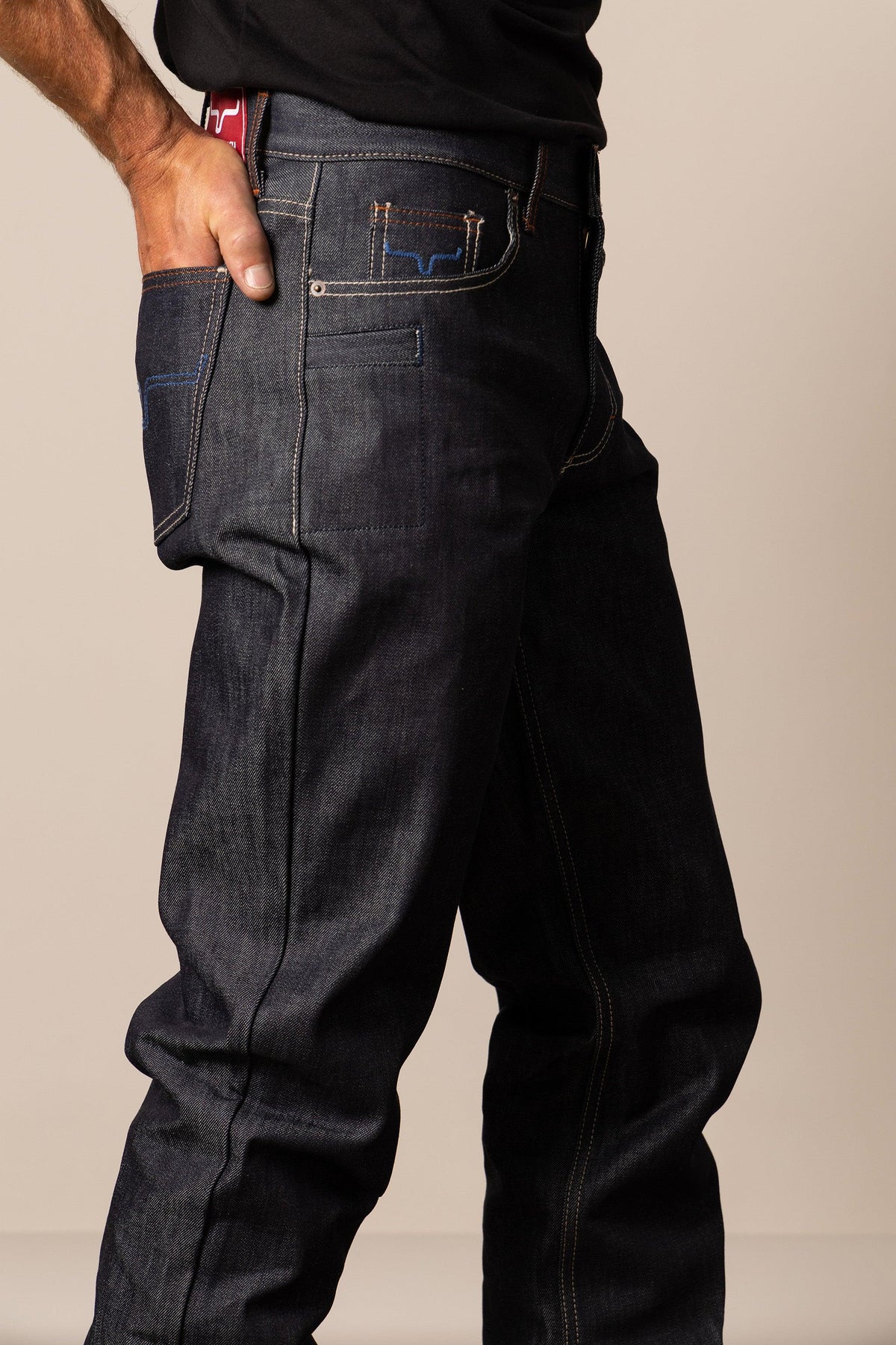 Kimes Ranch Raw Dillon relaxed bootcut jeans in dark indigo with back pockets and contrast stitching