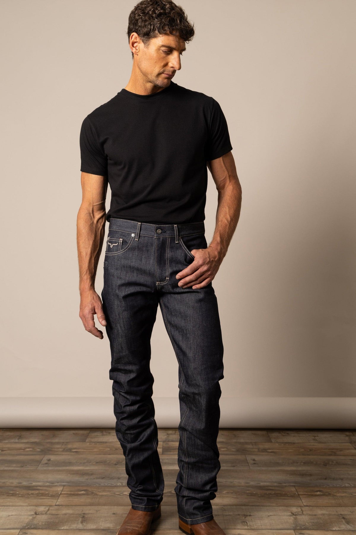 Kimes Ranch Raw James straight fit bootcut jeans in dark indigo with contrast stitching and front pockets
