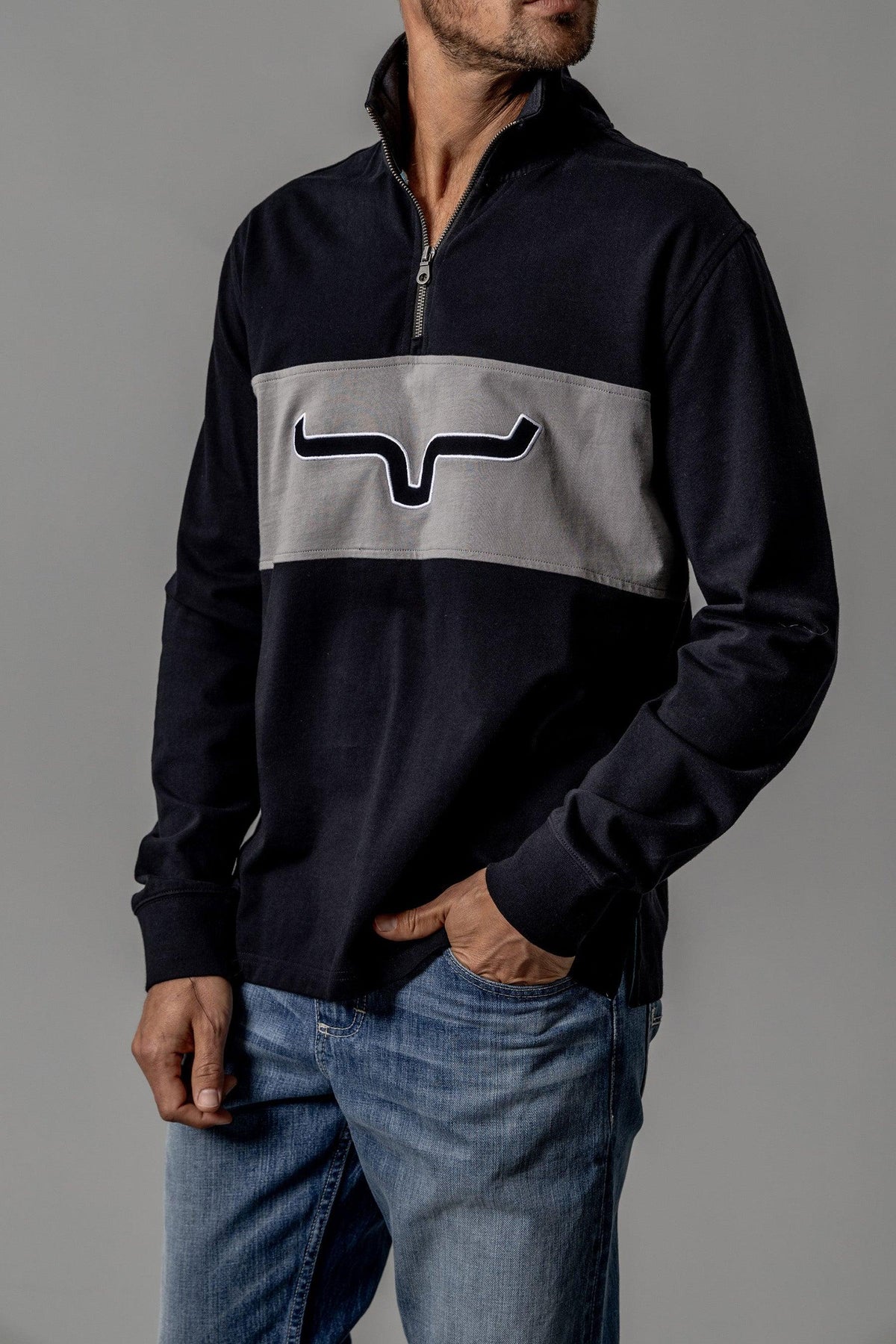 Kimes Ranch Razor Rugby sweatshirt in Black with a grey chest panel and embroidered logo