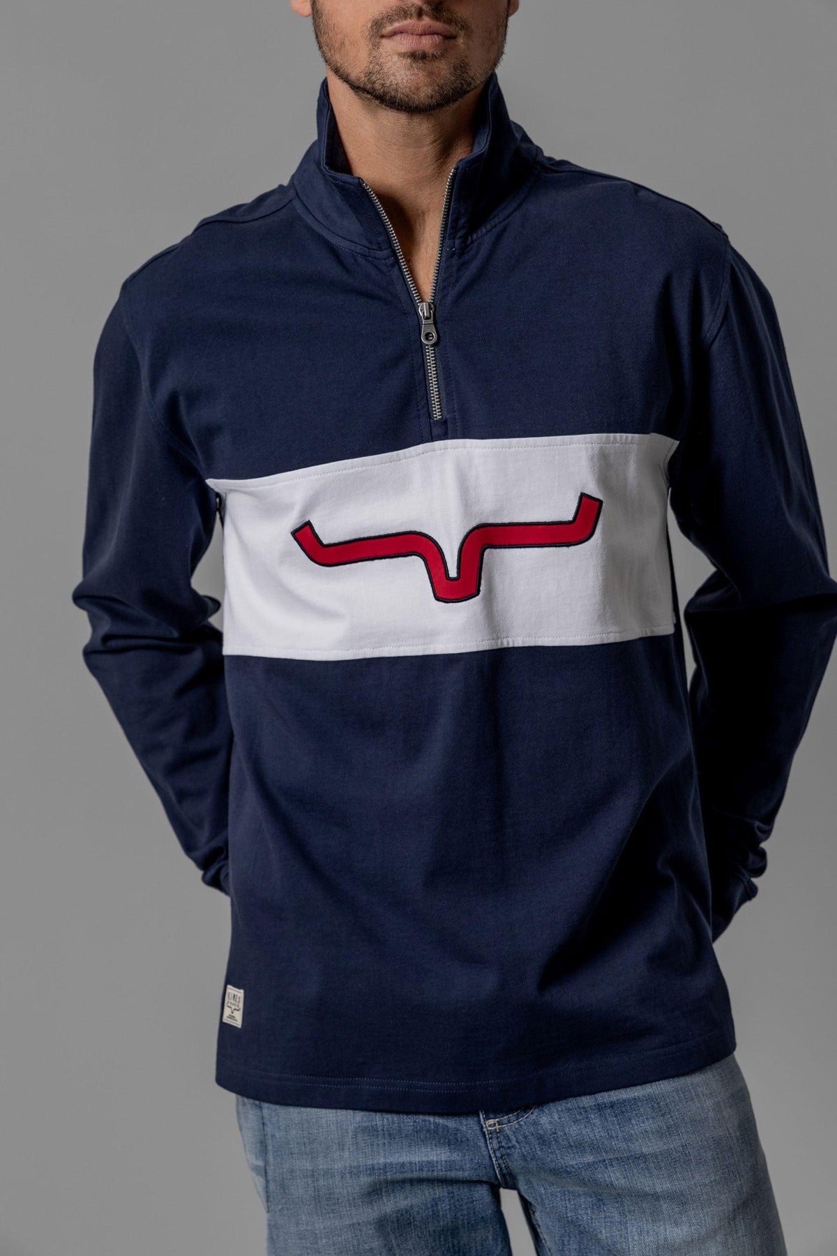Kimes Ranch Razor Rugby sweatshirt in Navy with a white chest stripe and red Kimes Ranch logo