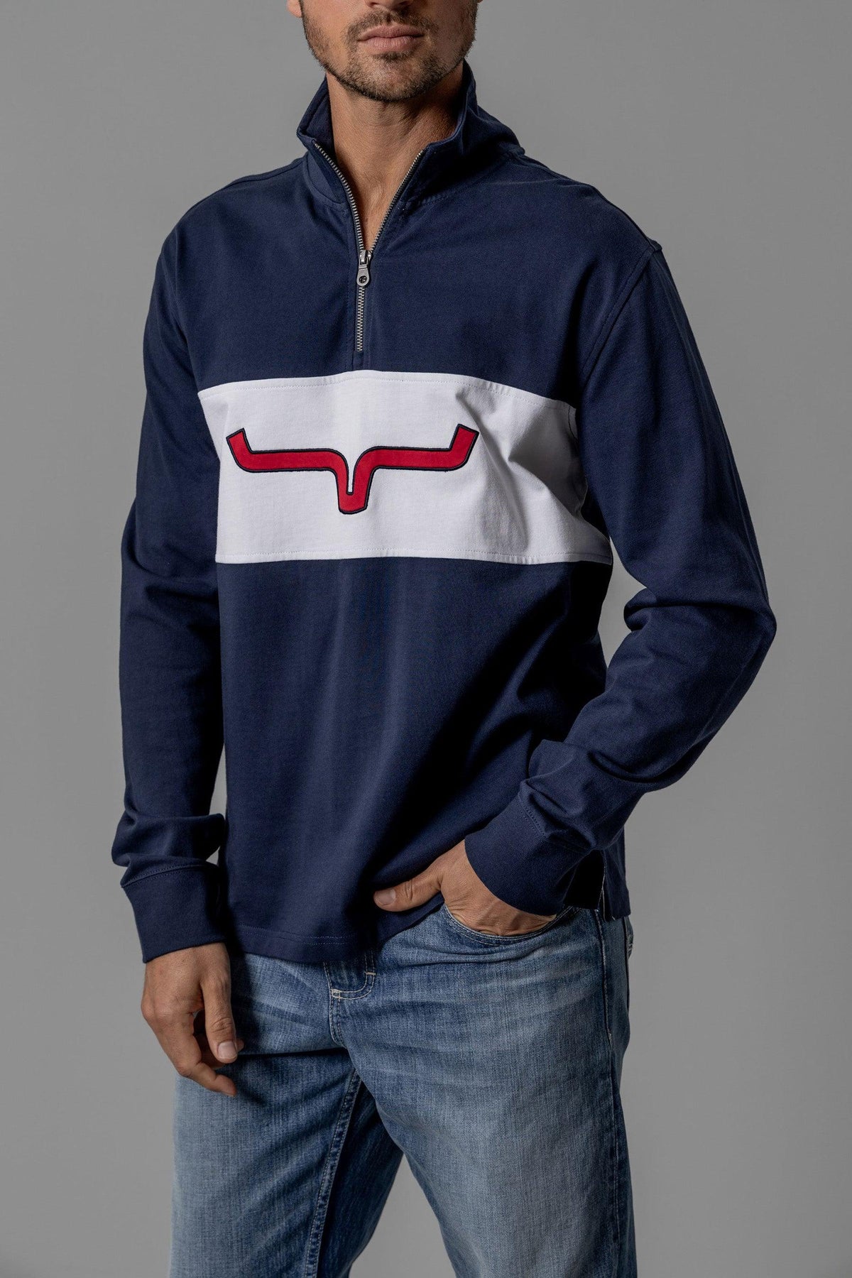 Kimes Ranch Razor Rugby sweatshirt in Navy with a white chest stripe and red logo