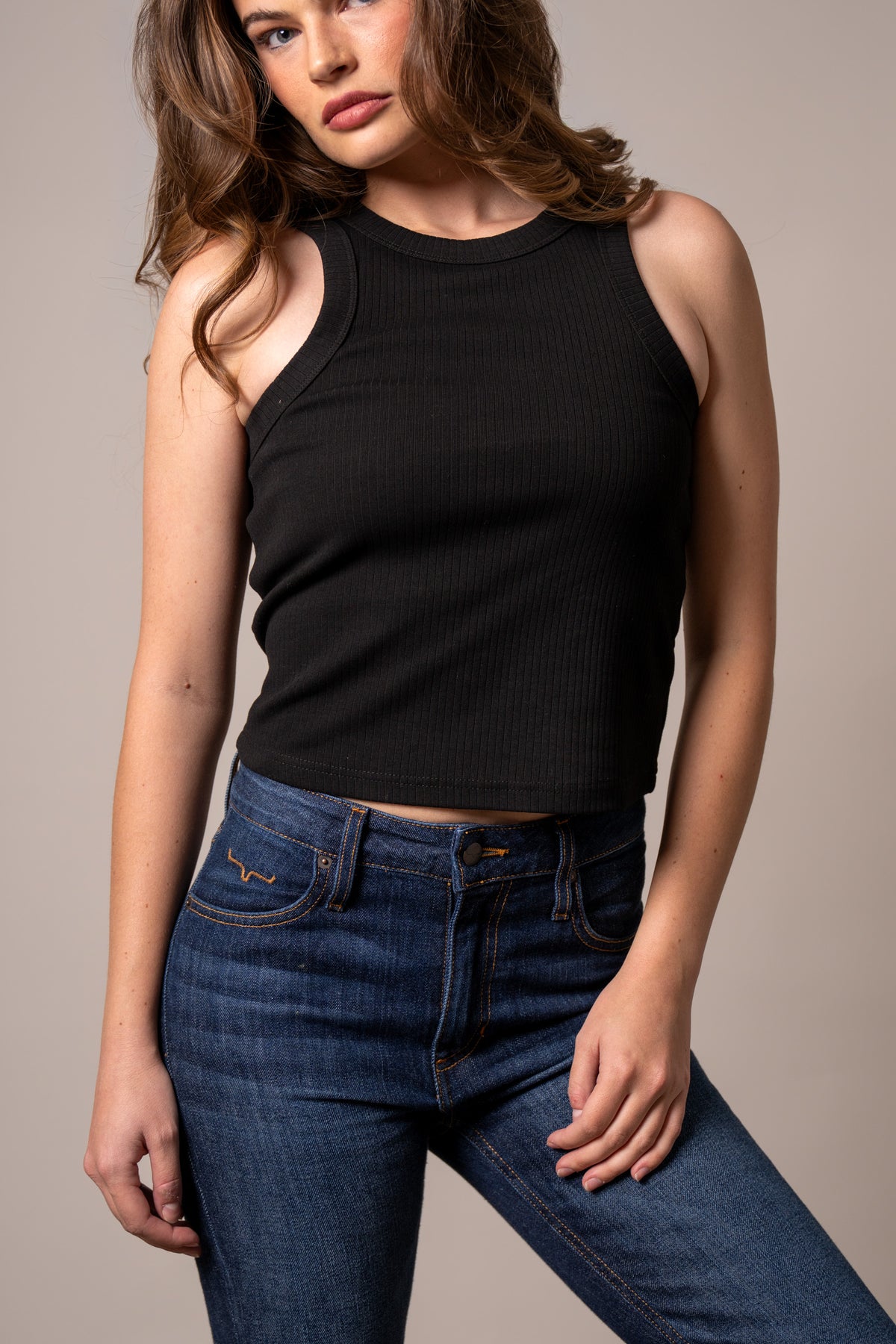 Kimes Ranch Reagan Black ribbed sleeveless top with a crew neckline