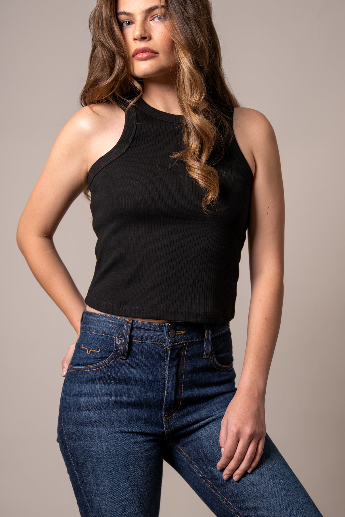 Kimes Ranch Reagan Black ribbed knit sleeveless top with a crew neckline