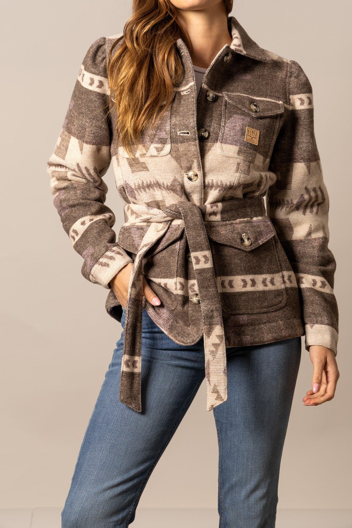 Kimes Ranch Rebecca Wool Jacket in Natural with a geometric pattern and a self-tie belt