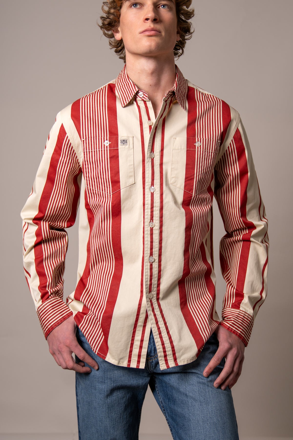 Kimes Ranch Reddy dress shirt in Brick Red with wide vertical stripes and two chest pockets
