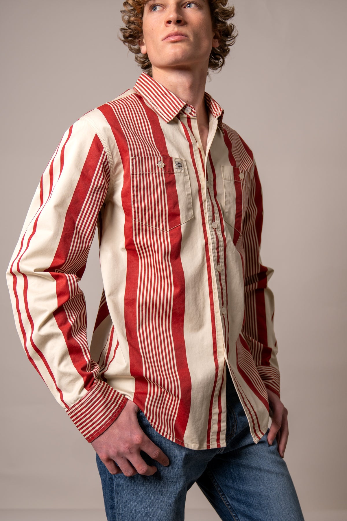 Kimes Ranch Reddy dress shirt in Brick Red with wide vertical stripes and two chest pockets