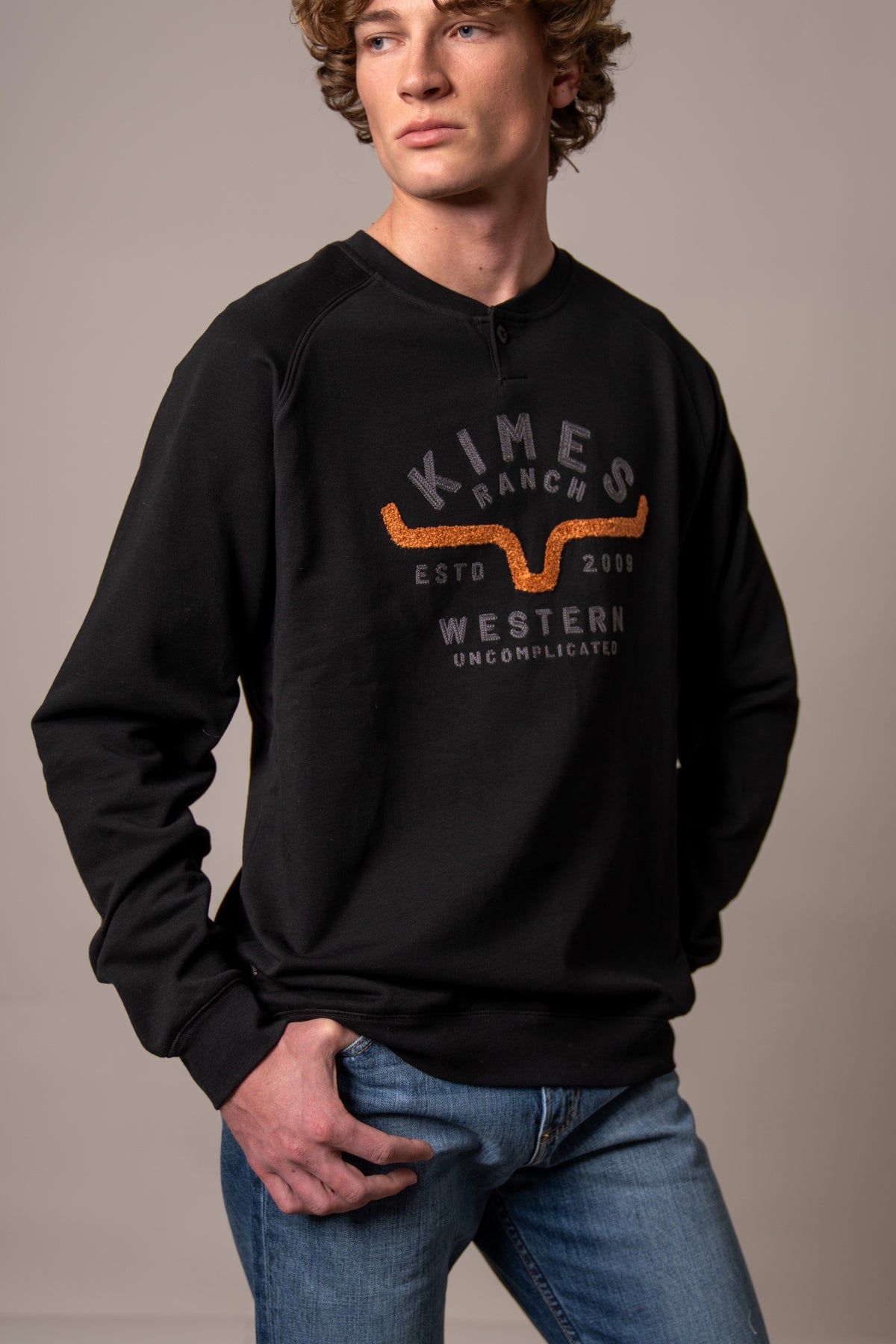 Kimes Ranch Reeves sweatshirt in Black with a front graphic featuring the Kimes Ranch logo