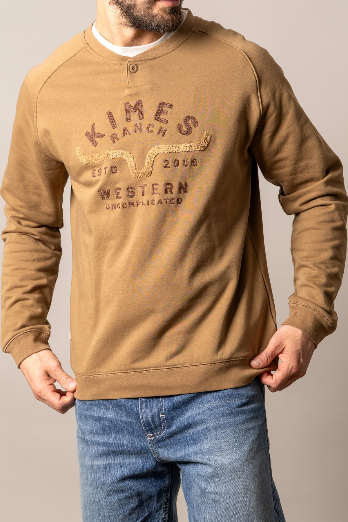 Kimes Ranch Reeves sweatshirt in Work Wear Brown with a graphic print featuring the Kimes Ranch logo