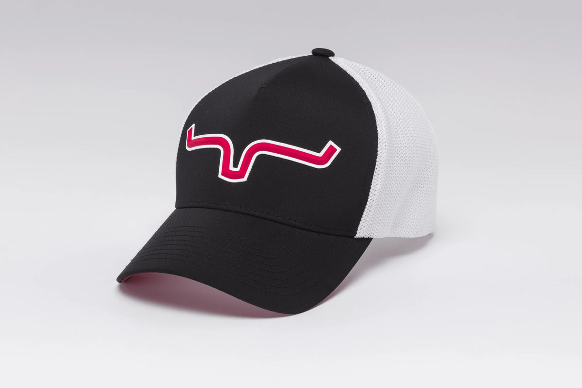 Kimes Ranch Reformer 110 Trucker Hat in Black with a white mesh back and a red and white logo on the front