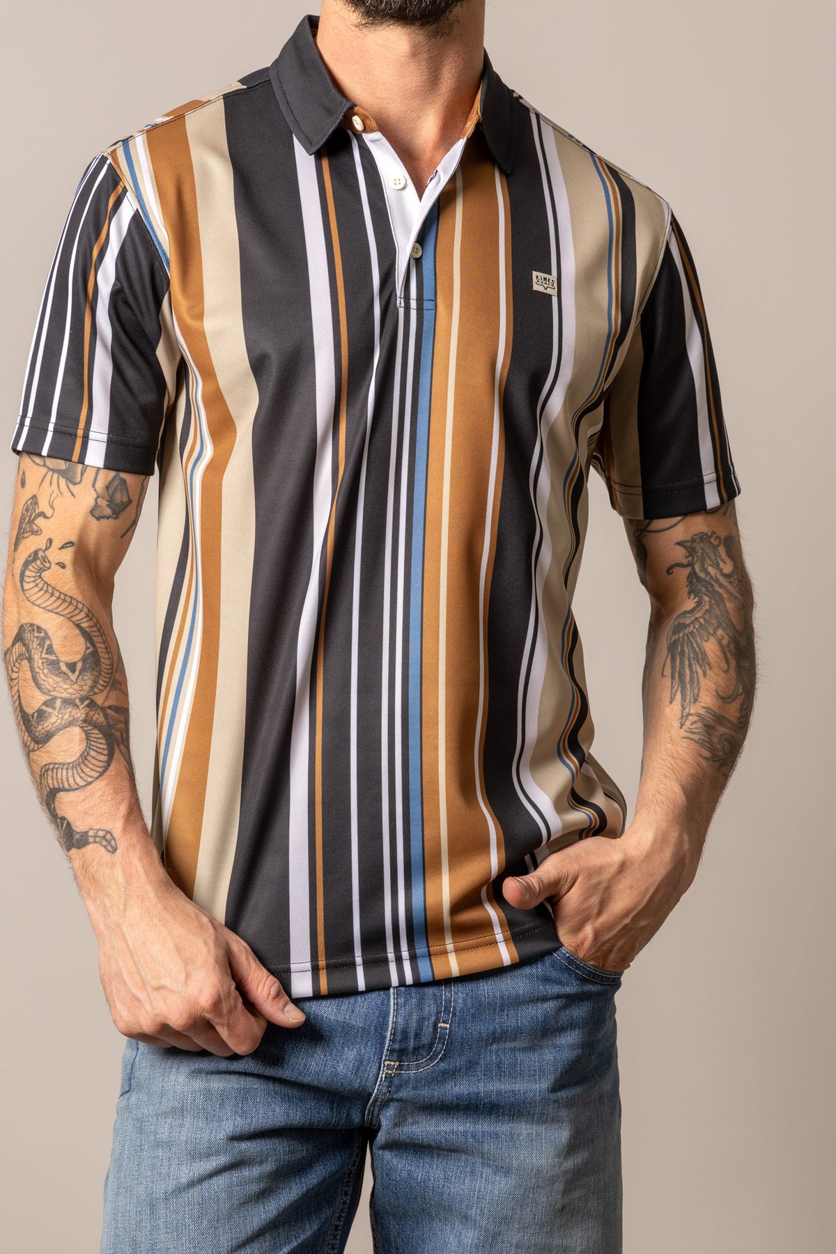 Kimes Ranch Rein polo shirt with vertical stripes in Black, tan, white, and blue with a collar and short sleeves