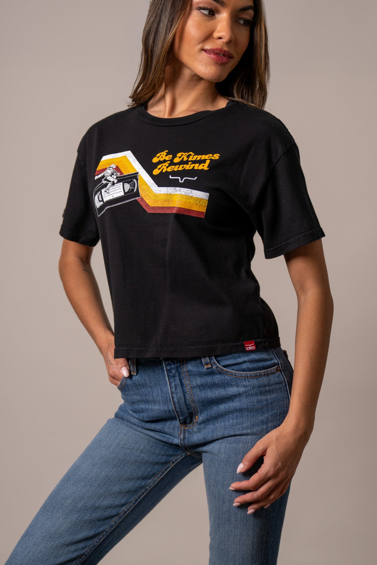 Kimes Ranch Rewind shirt in Black with a graphic of a cassette tape and the text Be Kimes Rewind