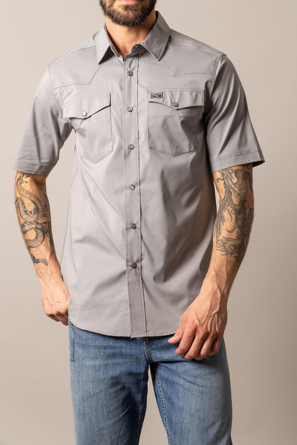 Kimes Ranch Rio Short Sleeve Dress Shirt in Grey with a button front and two chest pockets