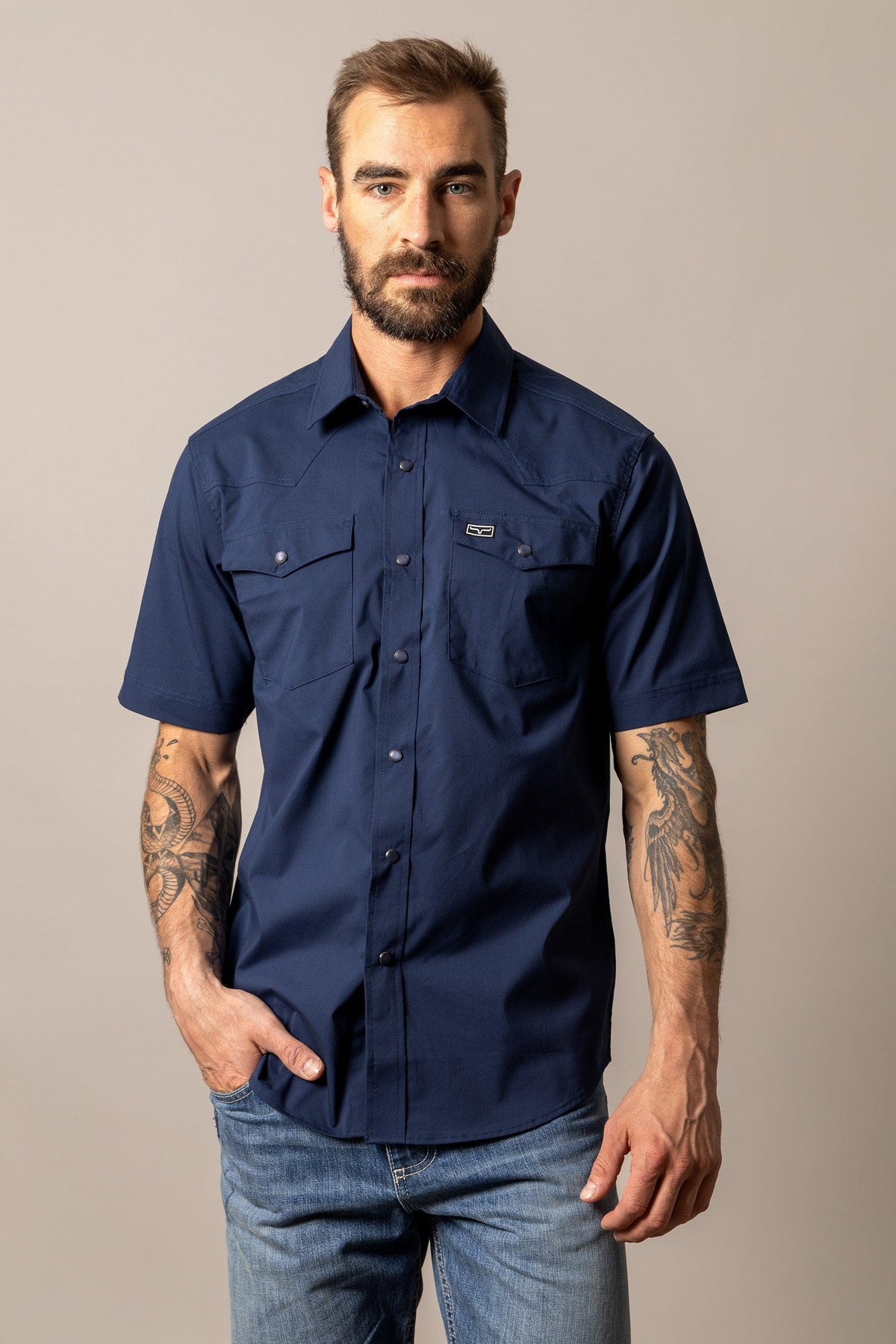 Kimes Ranch Rio Short Sleeve Dress Shirt in Navy with a collar and two chest pockets