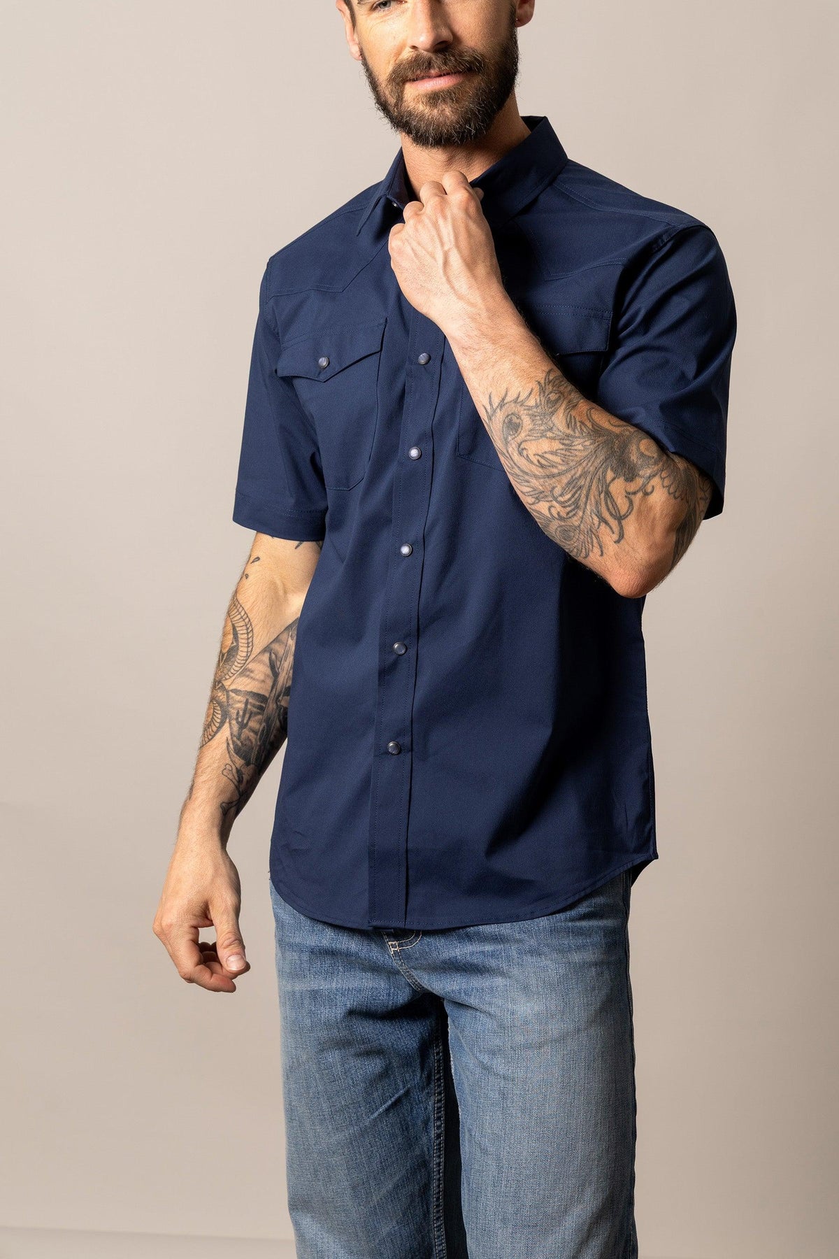 Kimes Ranch Rio Short Sleeve Dress Shirt in Navy with a button-down collar and two chest pockets