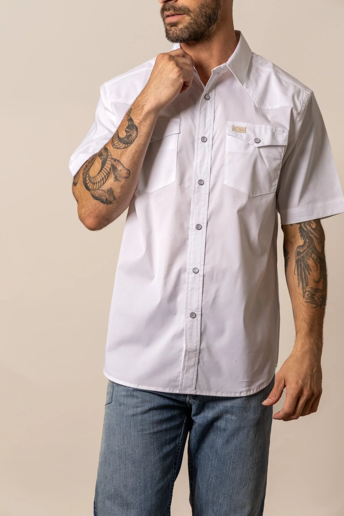 Kimes Ranch Rio Short Sleeve Dress Shirt in White with a button front and two chest pockets
