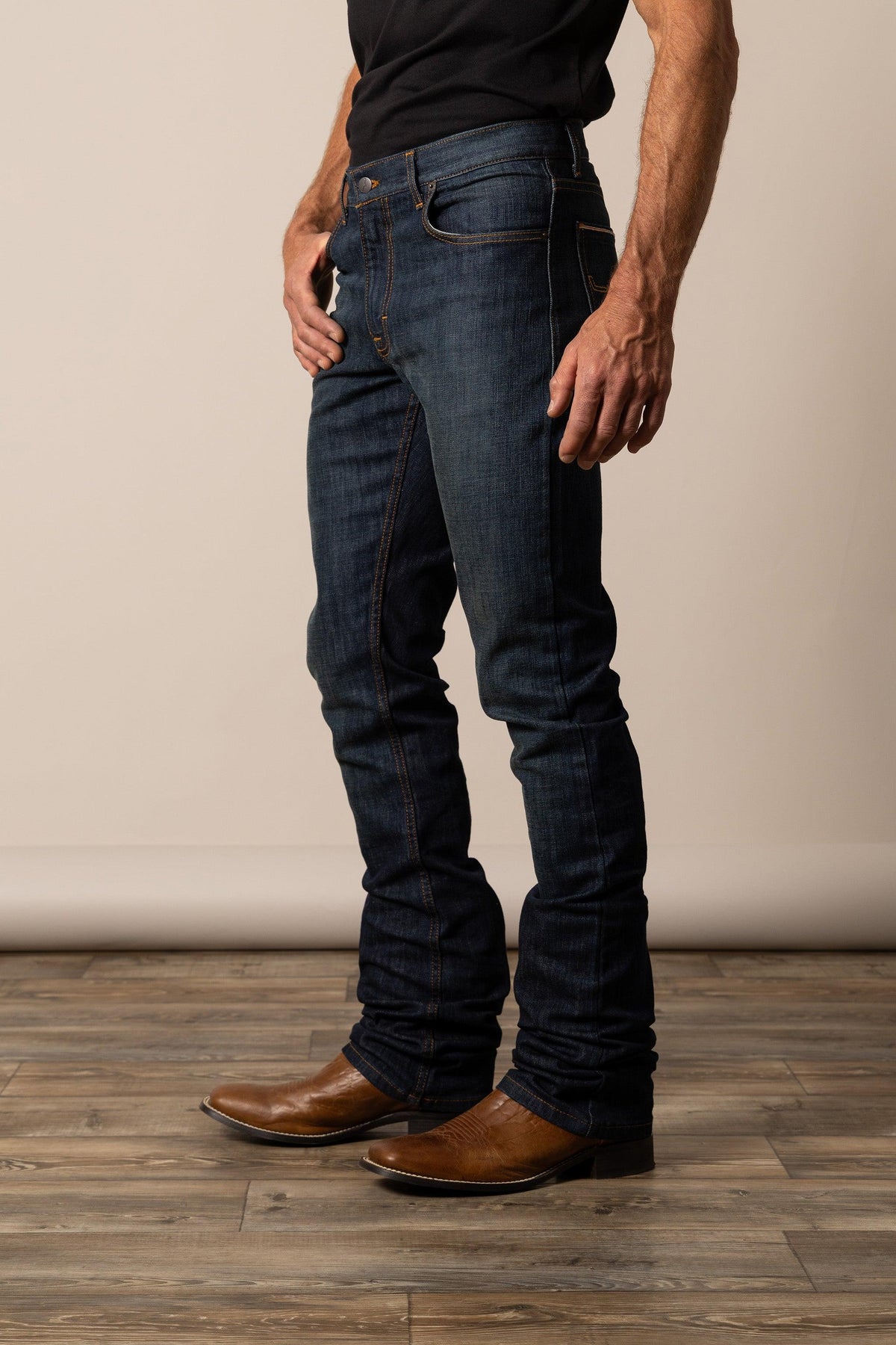 Kimes Ranch Roger Modern Bootcut jeans in dark indigo with contrast stitching and a five-pocket design