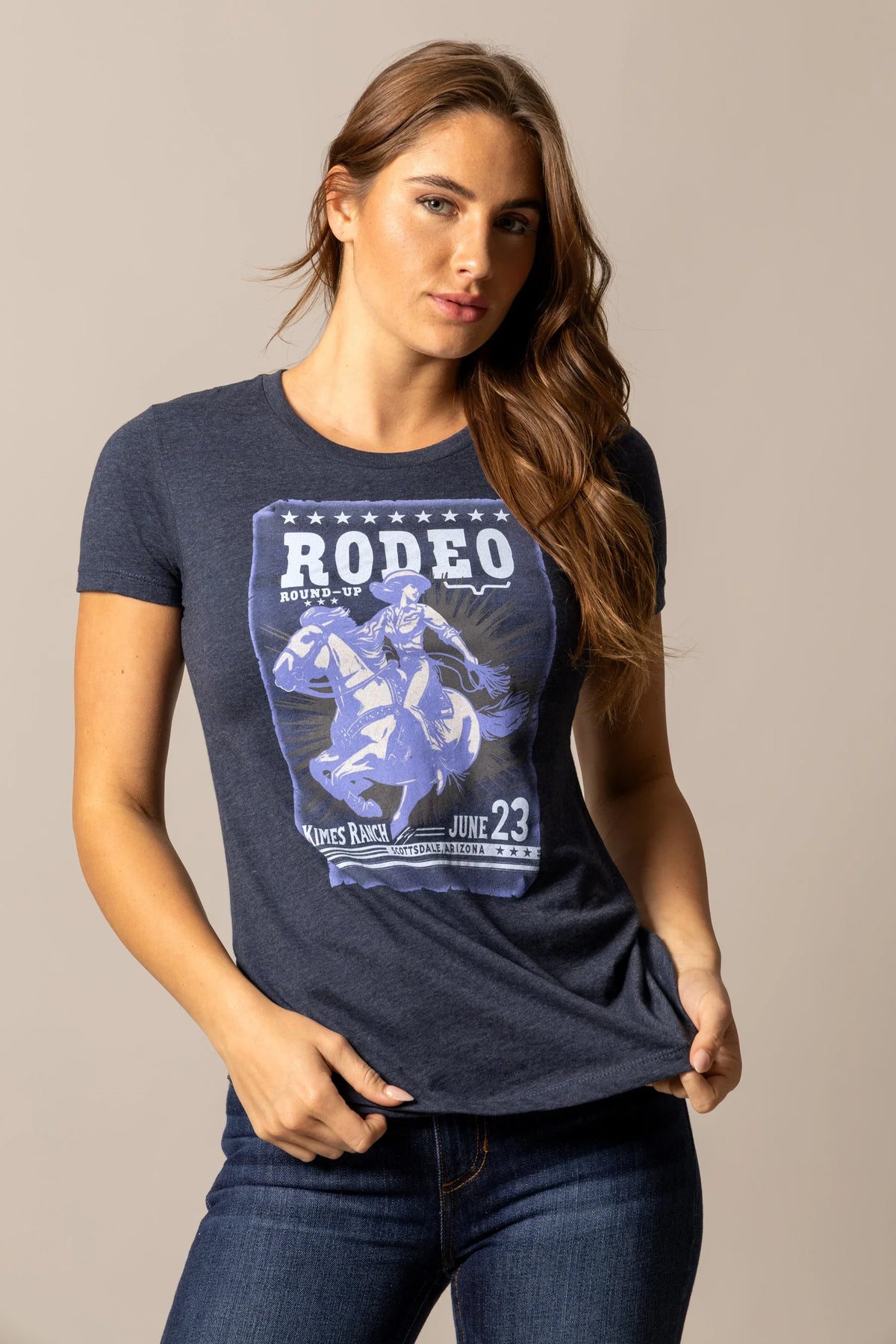 Kimes Ranch Round Up shirt in Midnight Navy with a graphic of a rodeo rider and text reading RODEO ROUND-UP JUNE 23
