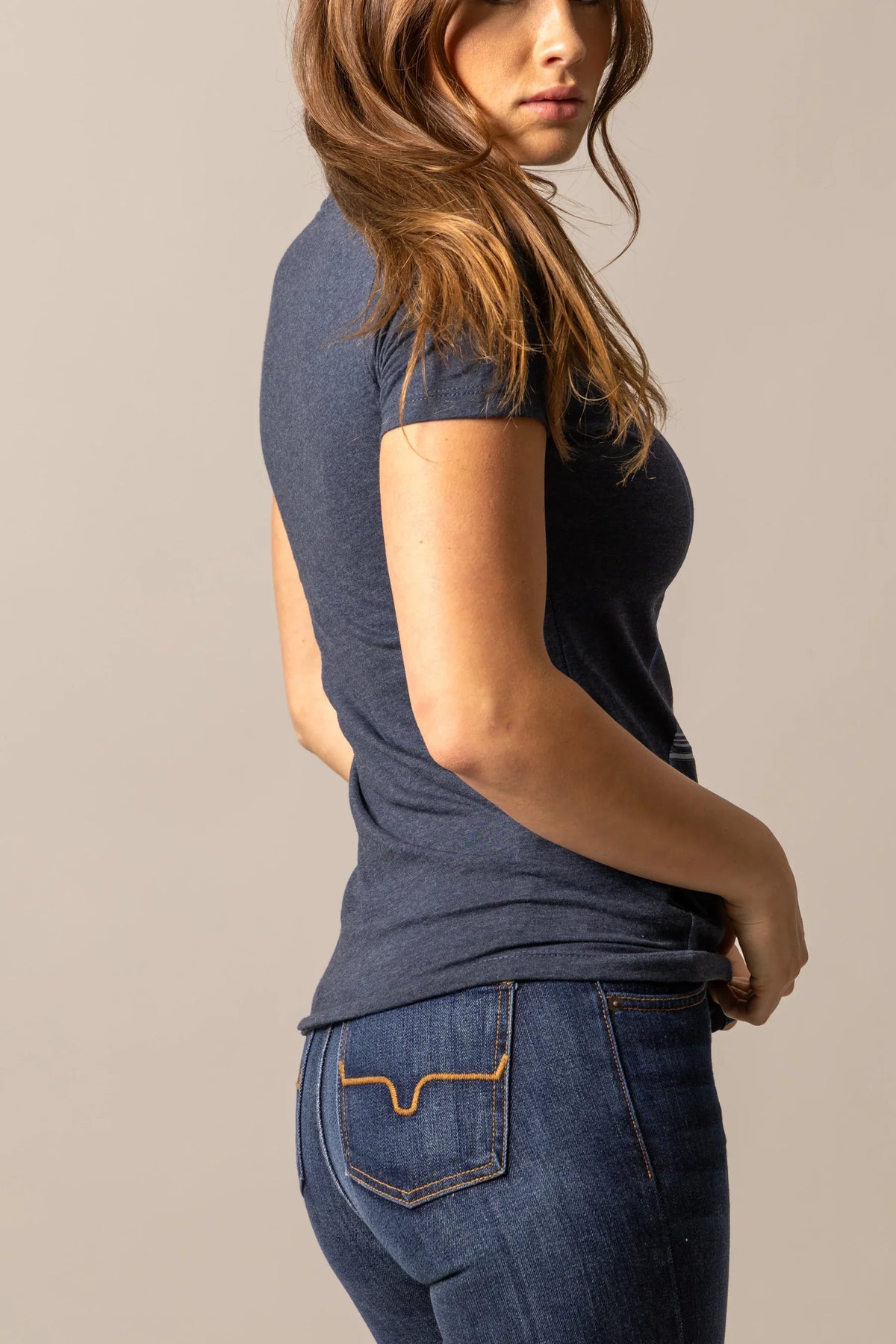 Kimes Ranch Round Up shirt in Midnight Navy, side view, with short sleeves and a