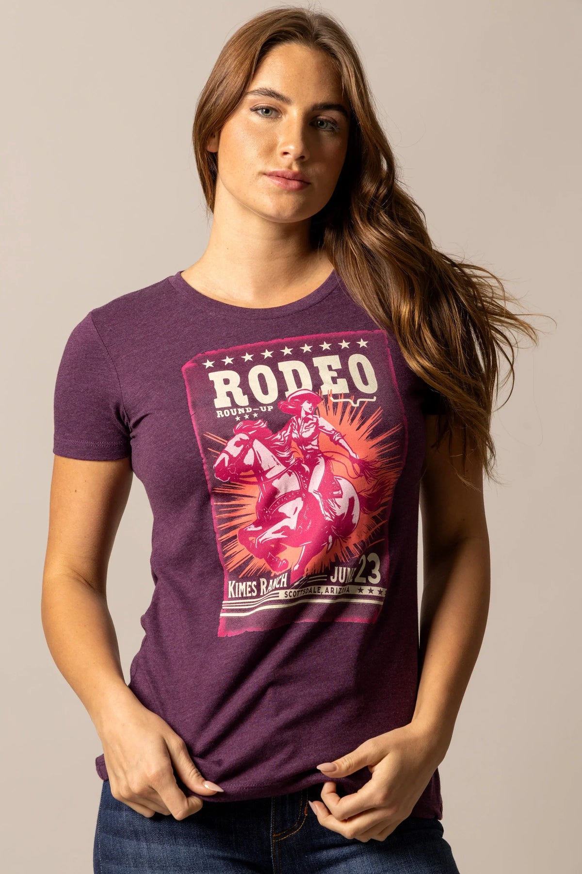 Kimes Ranch Round Up shirt in Plum with a graphic of a rodeo rider and the text RODEO ROUND-UP