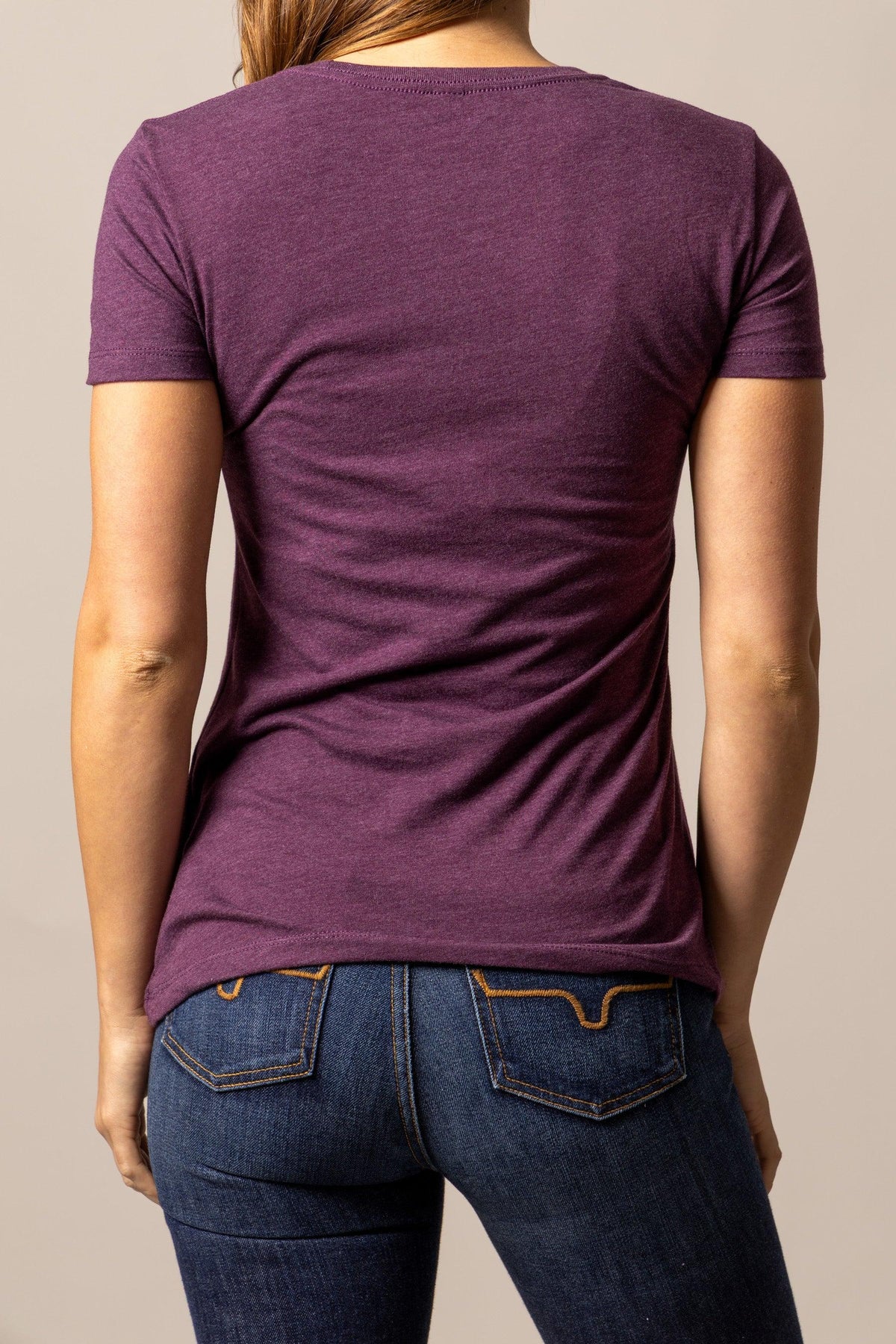 Kimes Ranch Round Up shirt in Plum, back view, with short sleeves and a crew neck
