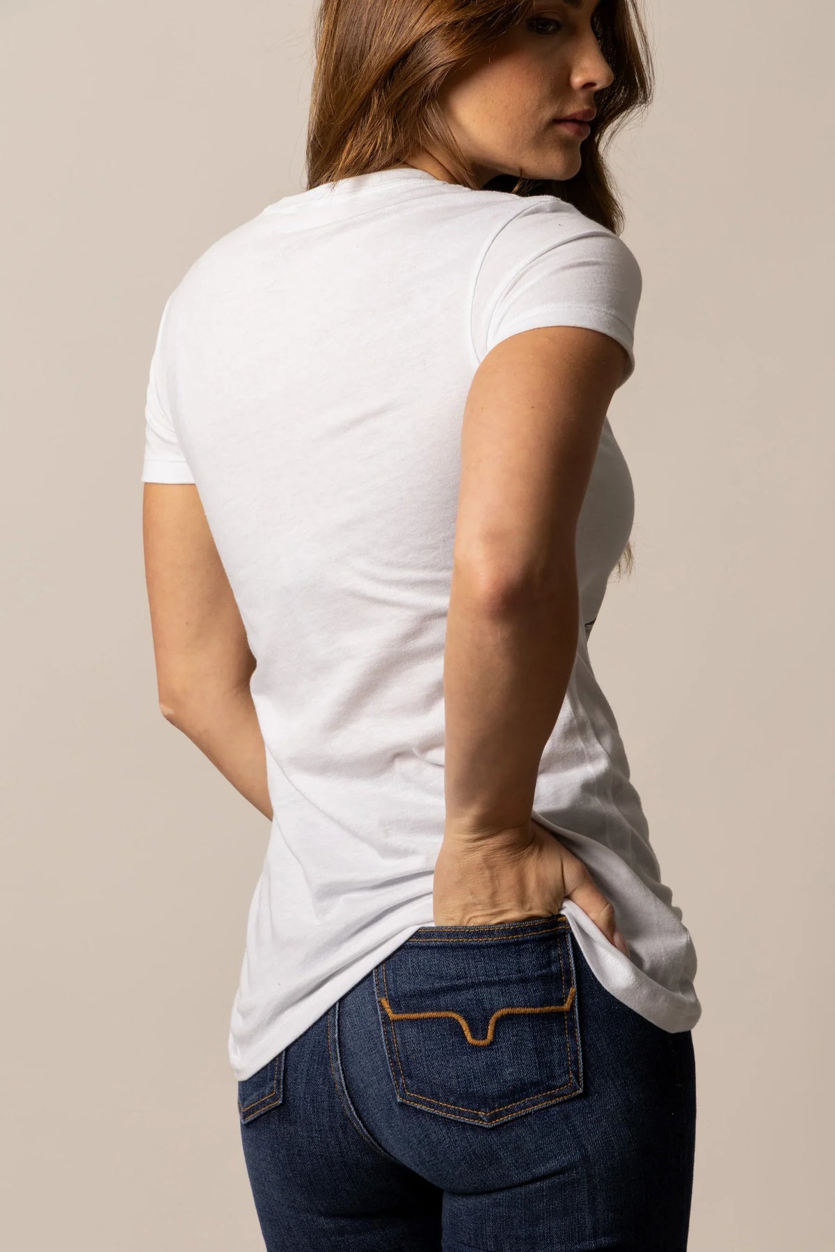 Kimes Ranch Round Up, side view, White shirt with short sleeves and a relaxed fit