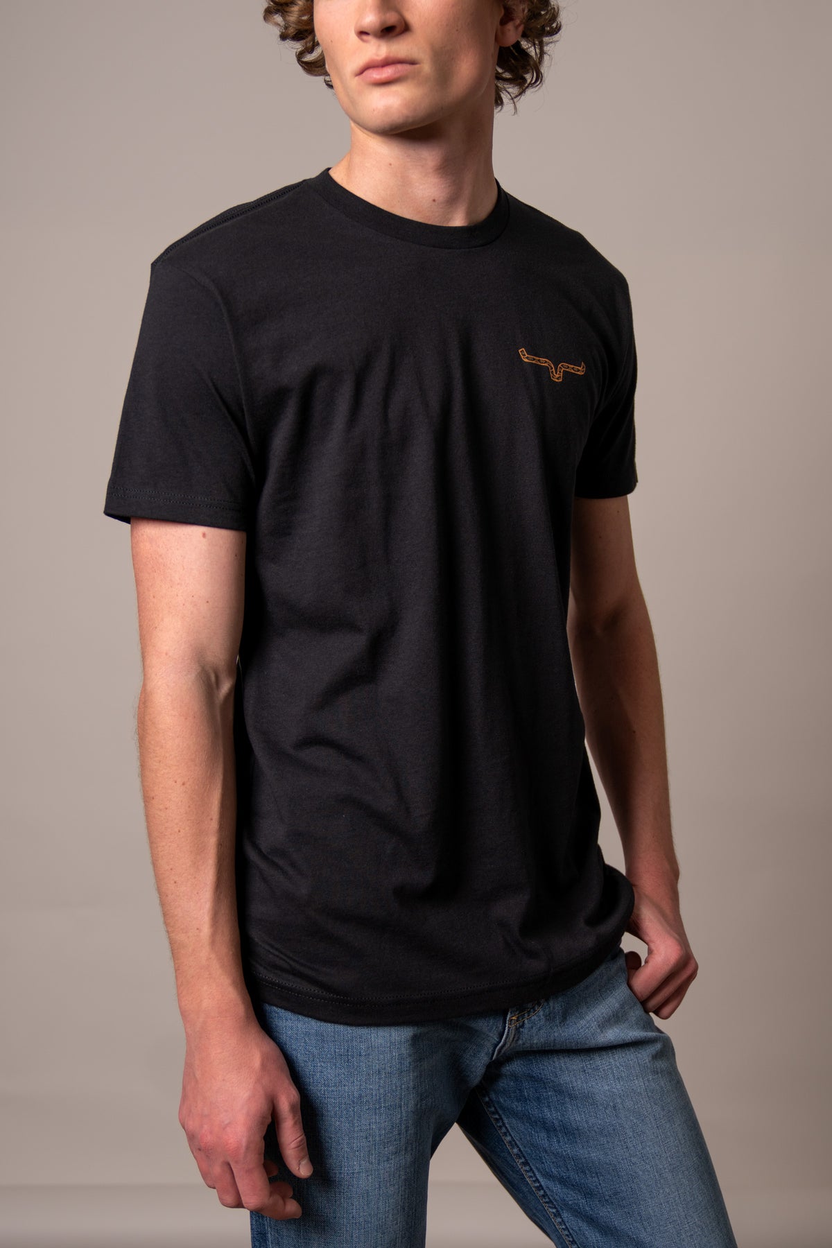 Kimes Ranch Rowell short sleeve t-shirt in Black with the Kimes Ranch logo embroidered on the left chest