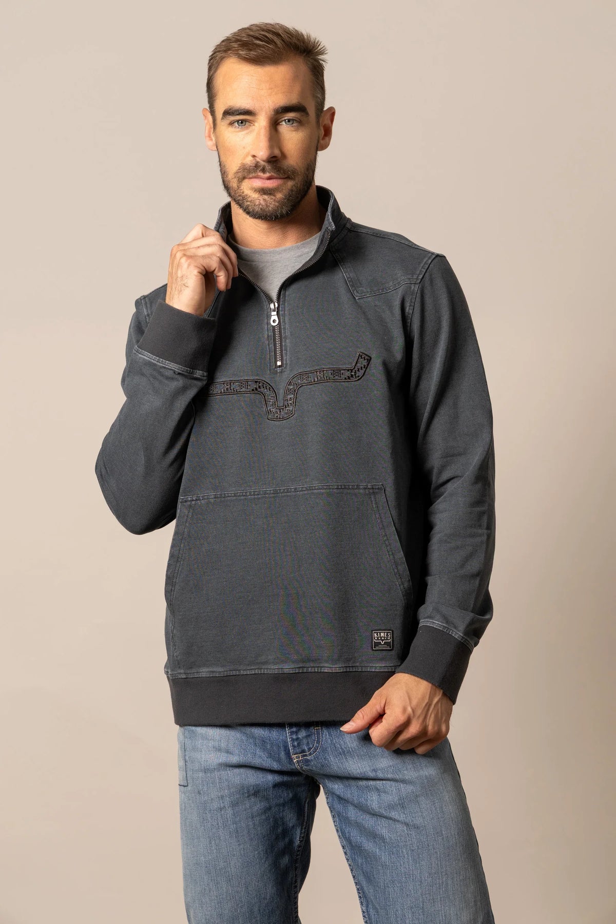 Kimes Ranch Rowell Pullover sweatshirt in Charcoal with a half-zip collar and embroidered steer logo