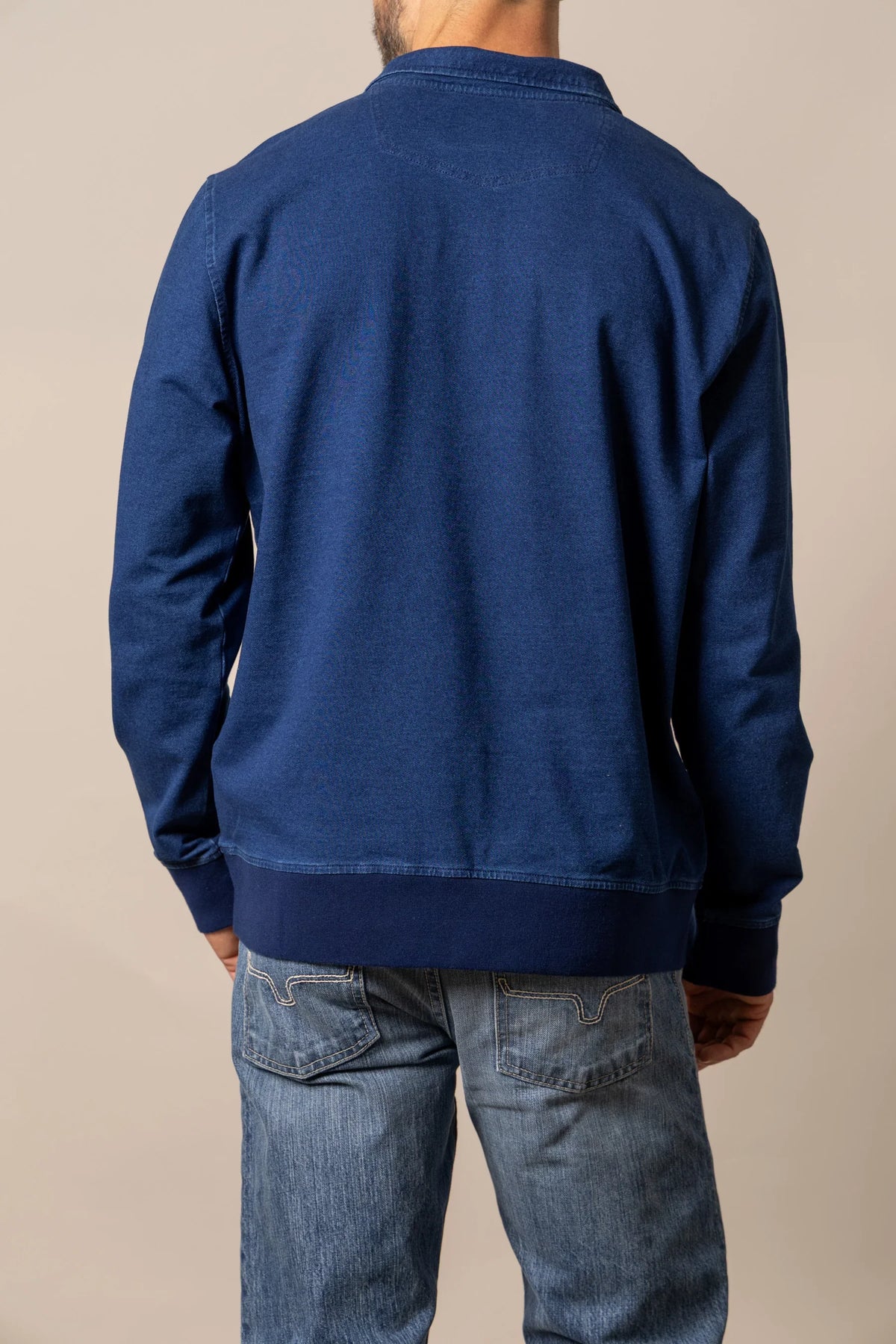 Kimes Ranch Rowell Pullover sweatshirt in Indigo, back view, with ribbed hem and cuffs