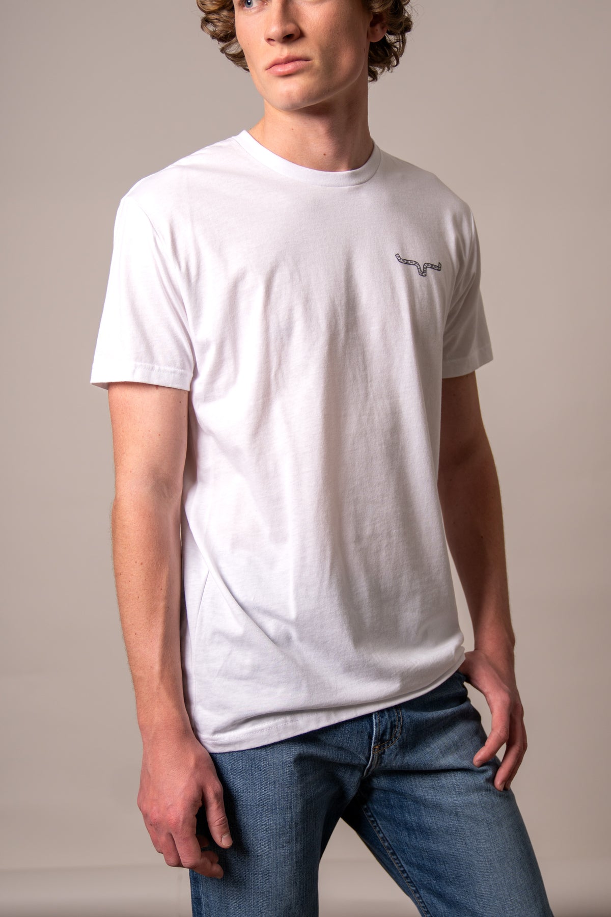 Kimes Ranch Rowell White short sleeve t-shirt with a small Kimes Ranch logo on the left chest