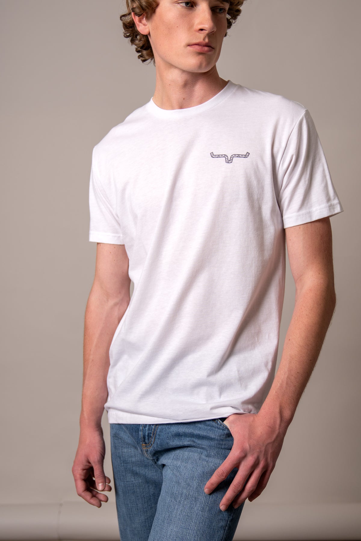 Kimes Ranch Rowell short sleeve crewneck shirt in White with the Kimes Ranch logo on the chest