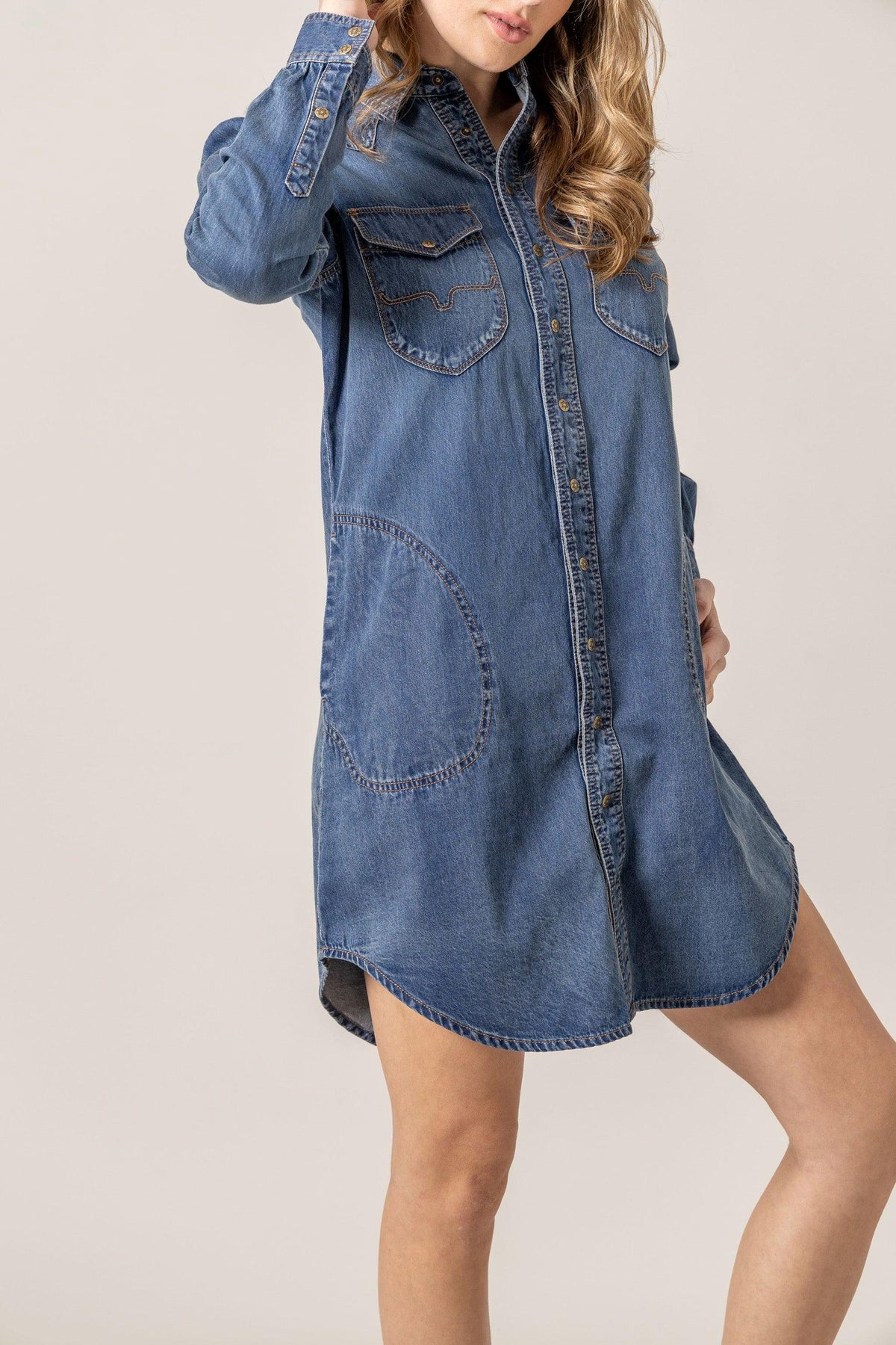 Kimes Ranch Rox Denim Dress in Indigo Blue with button front and chest pockets