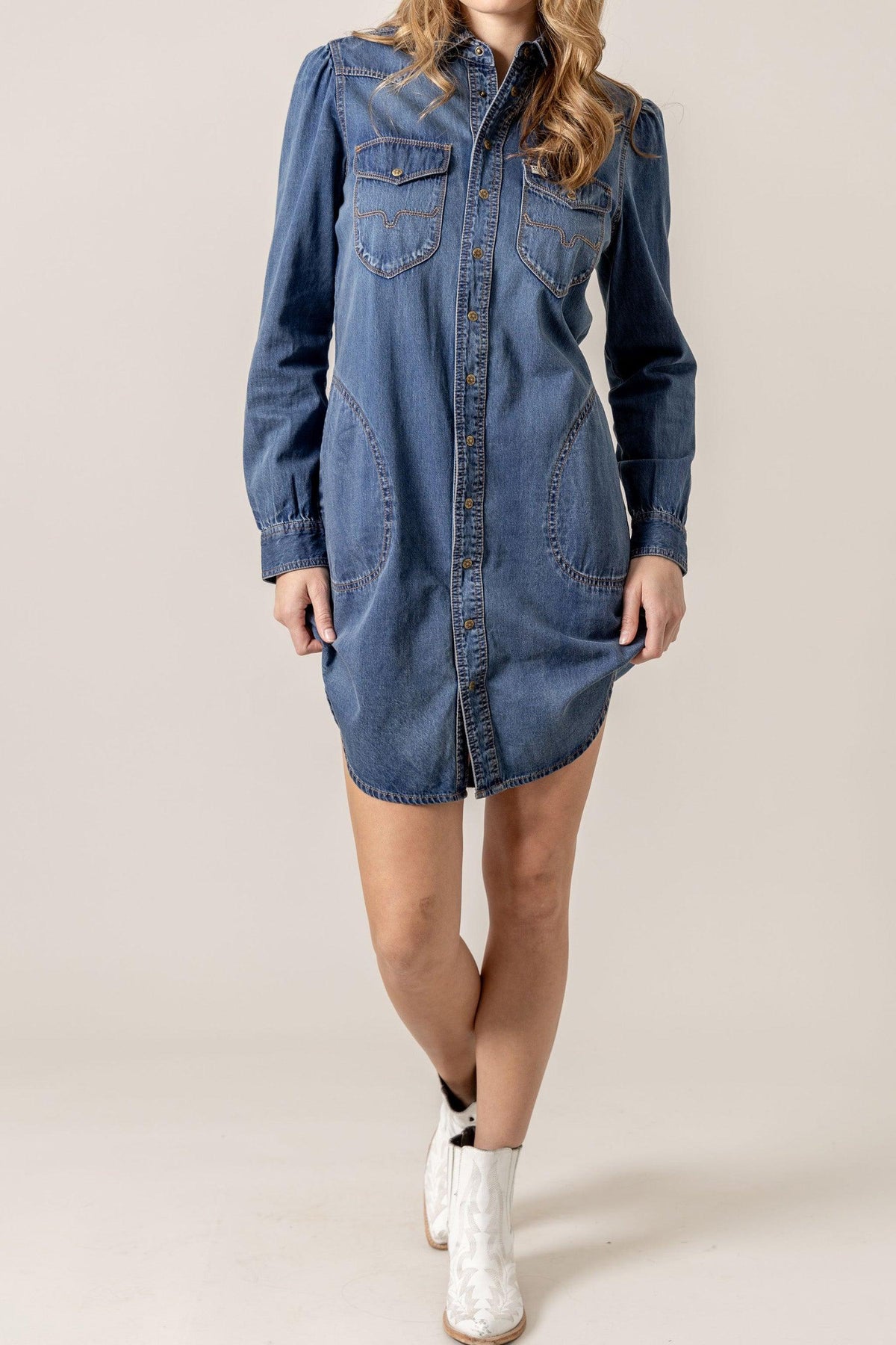 Kimes Ranch Rox Denim Dress in Indigo Blue with button front, chest pockets, and side patch pockets