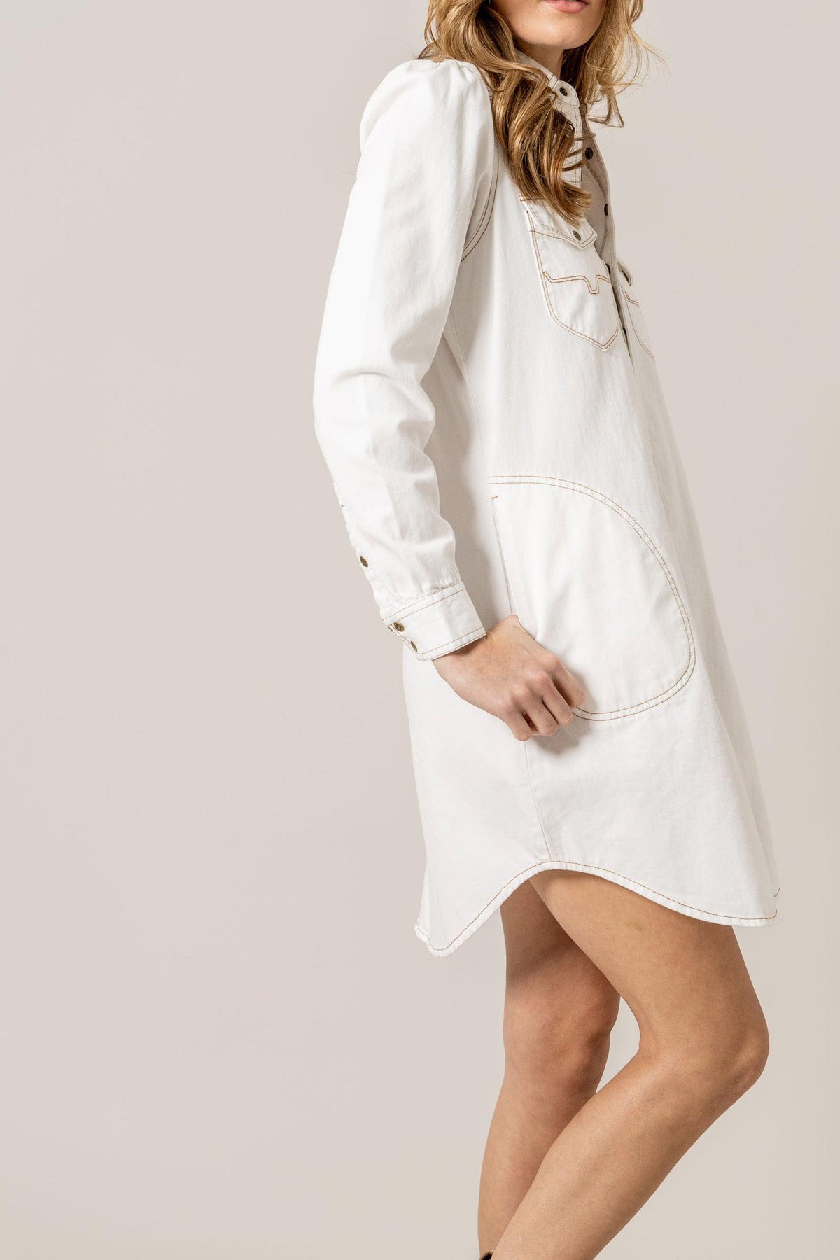 Kimes Ranch Rox Denim Dress in Pristine, side view, with contrast stitching and button cuffs