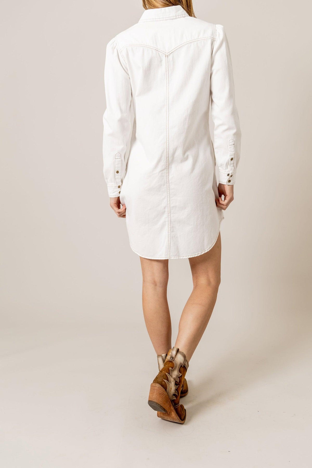 Kimes Ranch Rox Denim Dress in Pristine, back view, with long sleeves and a back yoke