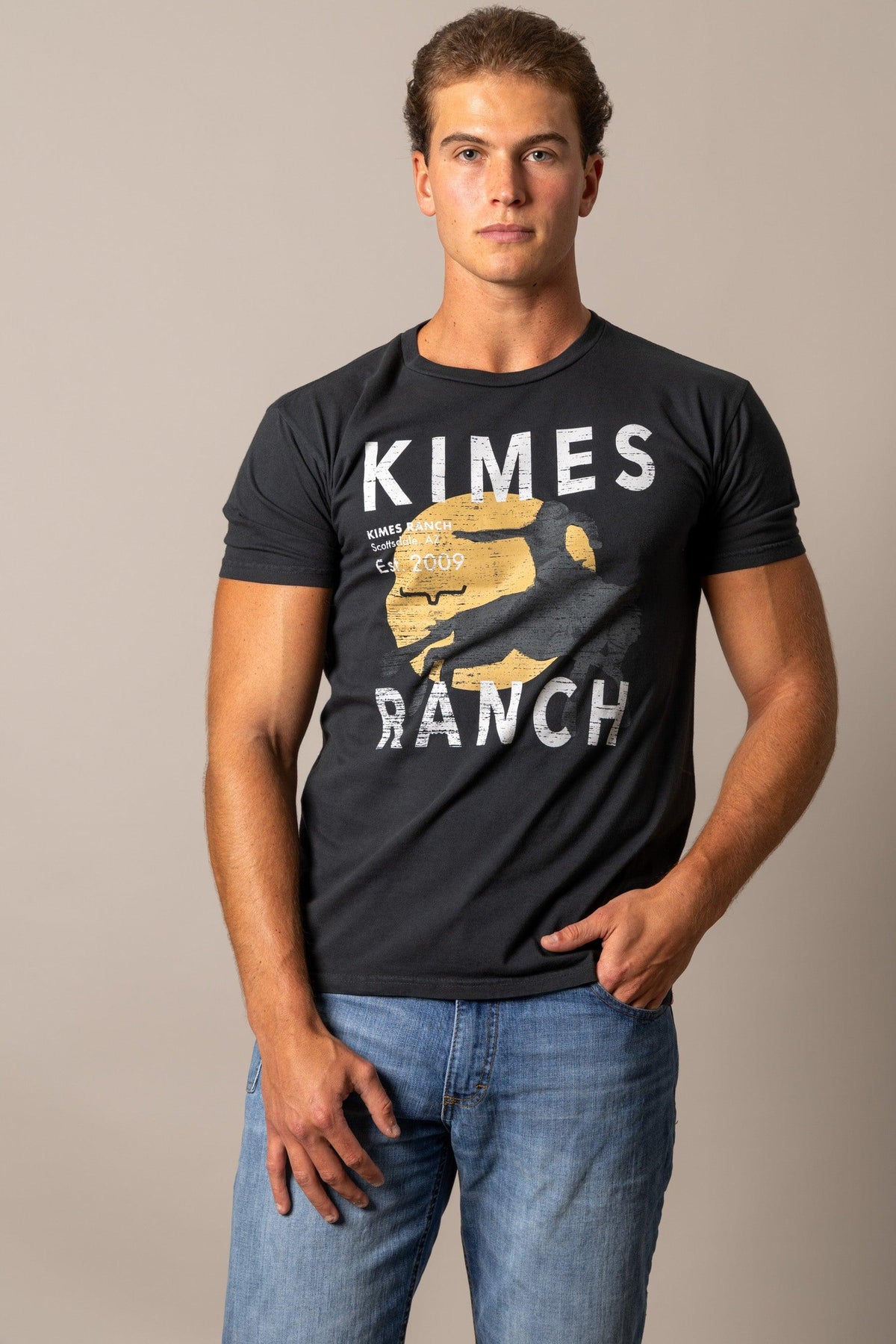 Kimes Ranch Runaway Black short sleeve shirt with a graphic print featuring the Kimes Ranch logo and text