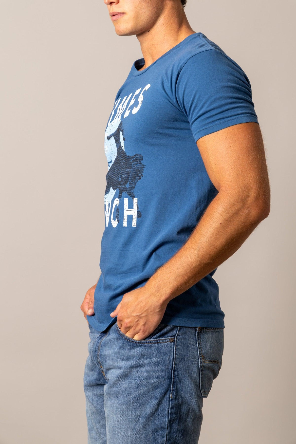 Kimes Ranch Runaway, side view, shirt in Faded with a graphic print of a cowboy on a bucking horse