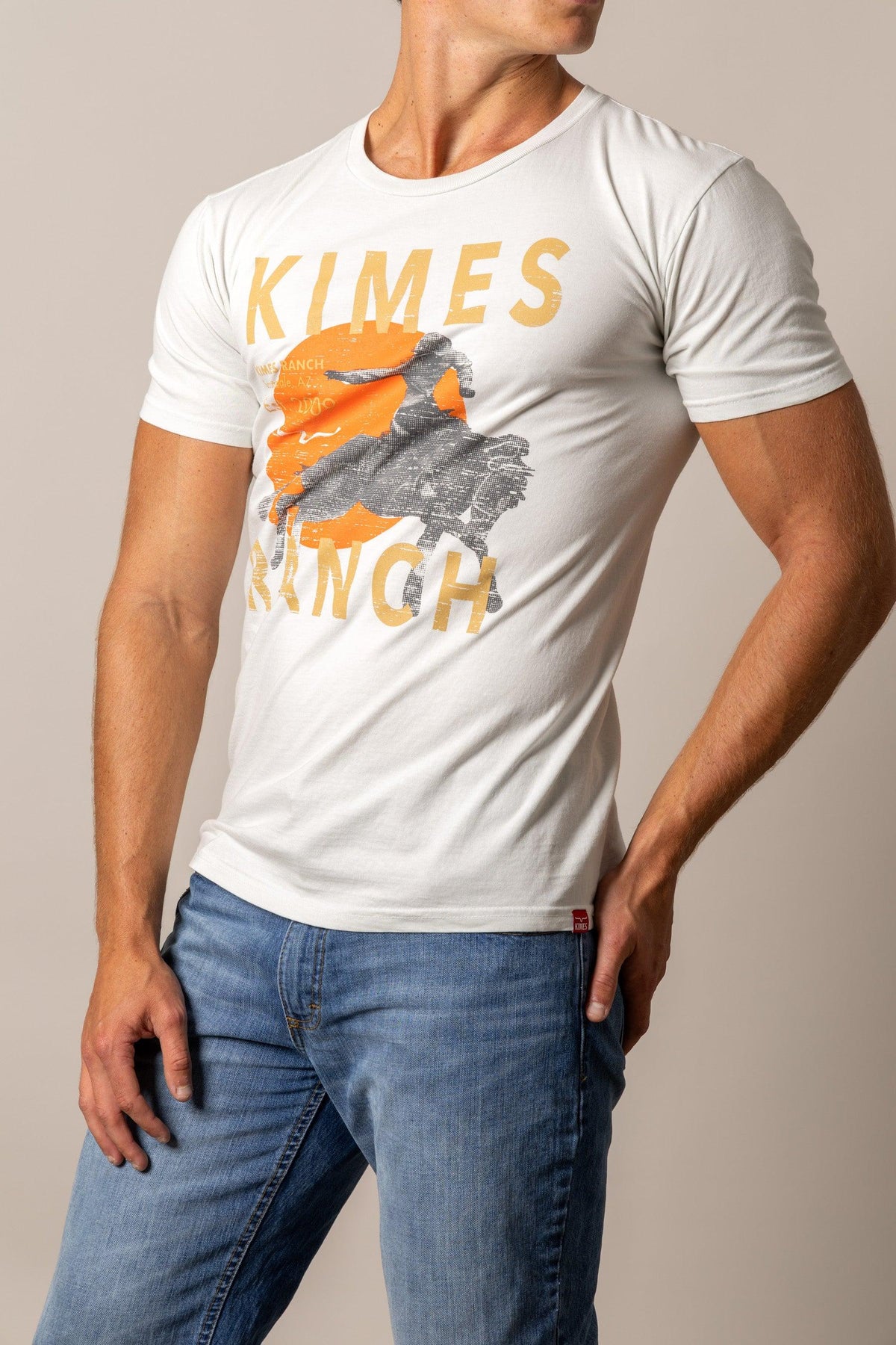 Kimes Ranch Runaway shirt in Off White with a graphic print of a bucking horse and the brand name