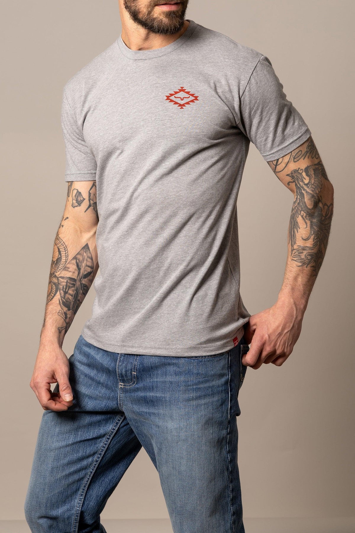 Kimes Ranch San Juan shirt in Dark Grey Heather with a red geometric logo on the chest