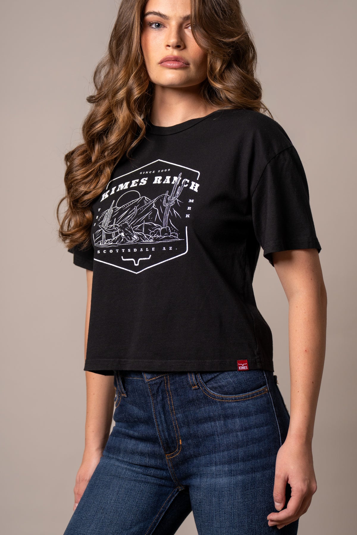 Kimes Ranch See For Miles shirt in Black with a white desert landscape graphic and Scottsdale AZ text