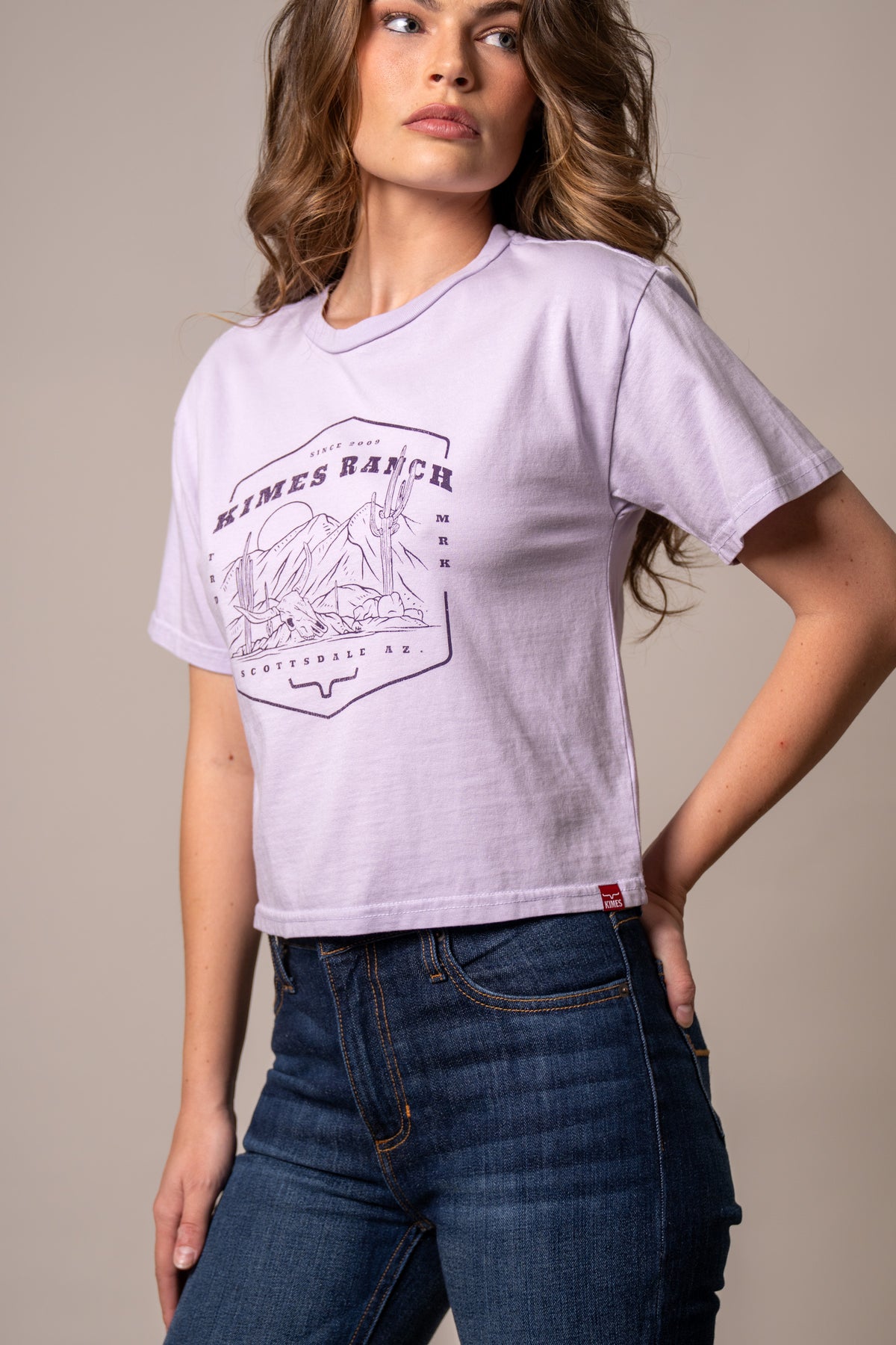 Kimes Ranch See For Miles shirt in Lavender with a vintage graphic print featuring the Kimes Ranch logo and cactus