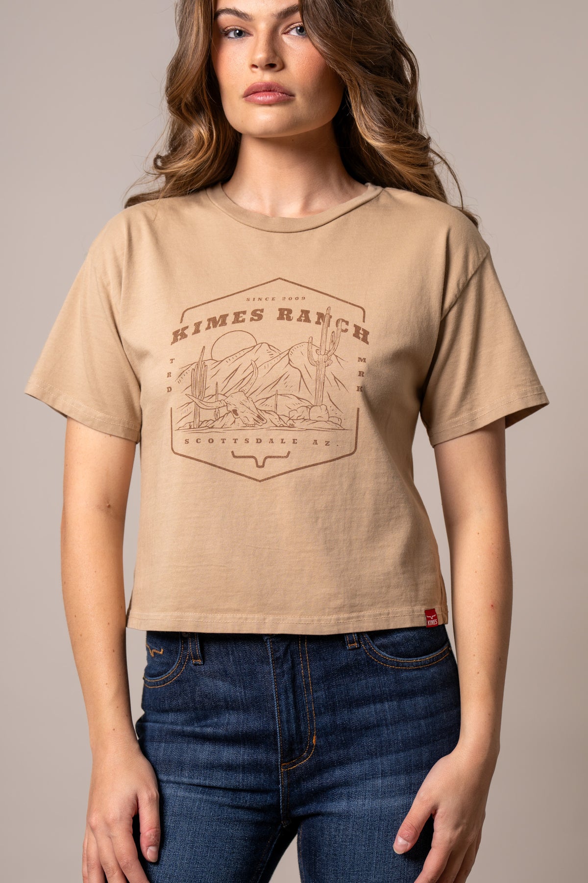 Kimes Ranch See For Miles shirt in Tan with a vintage graphic of a desert landscape and the Kimes Ranch logo