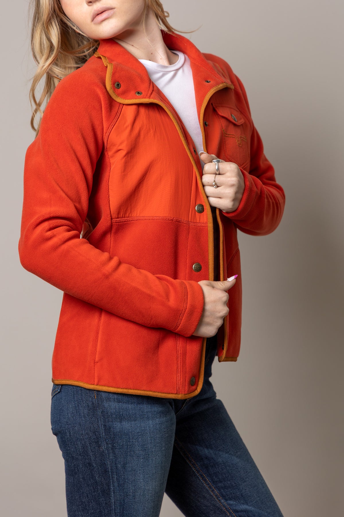 Kimes Ranch Selma Fleece sweatshirt in Brick Red with contrast tan trim and front pockets