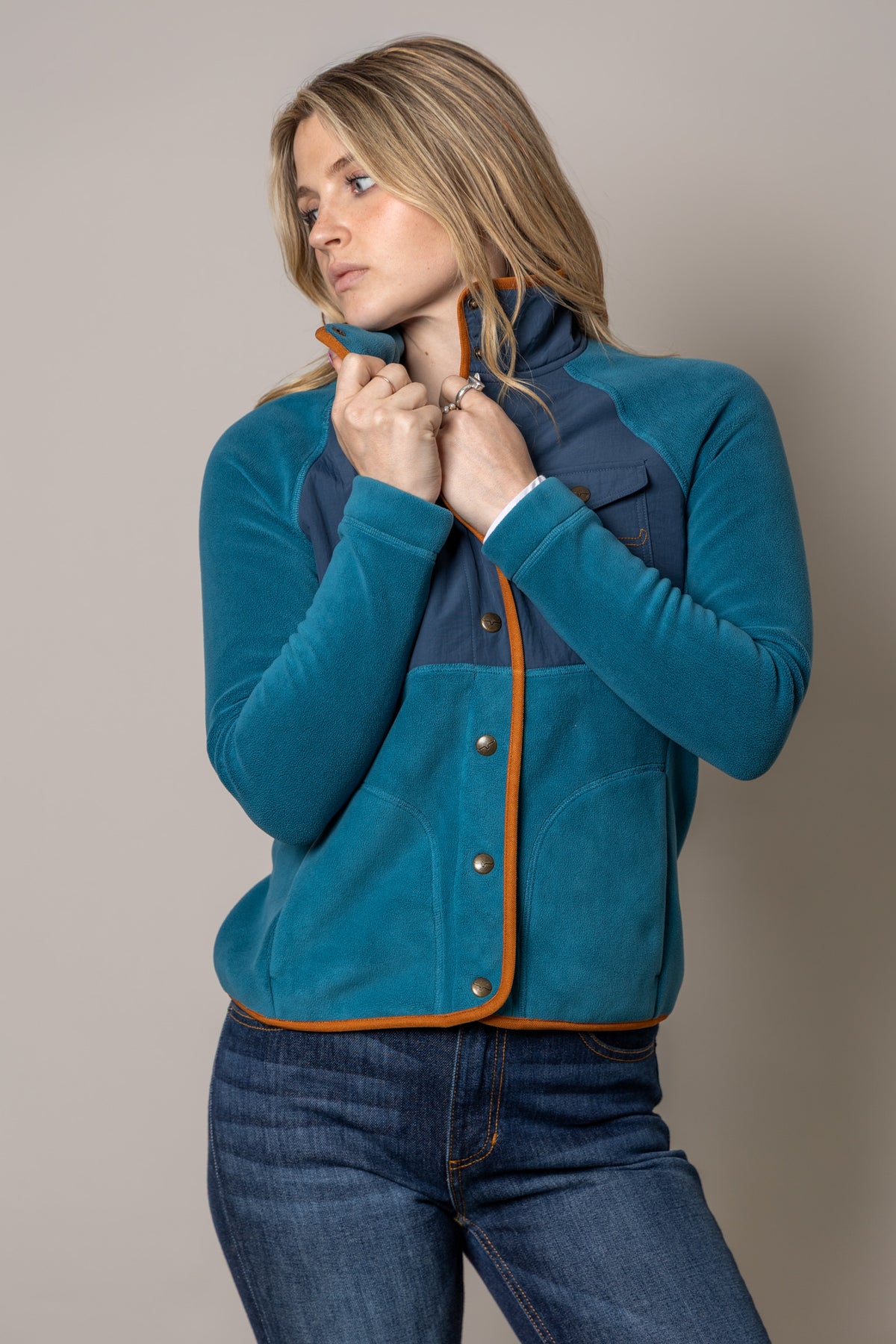 Kimes Ranch Selma Fleece sweatshirt in Mid Blue with contrast navy panels and orange trim