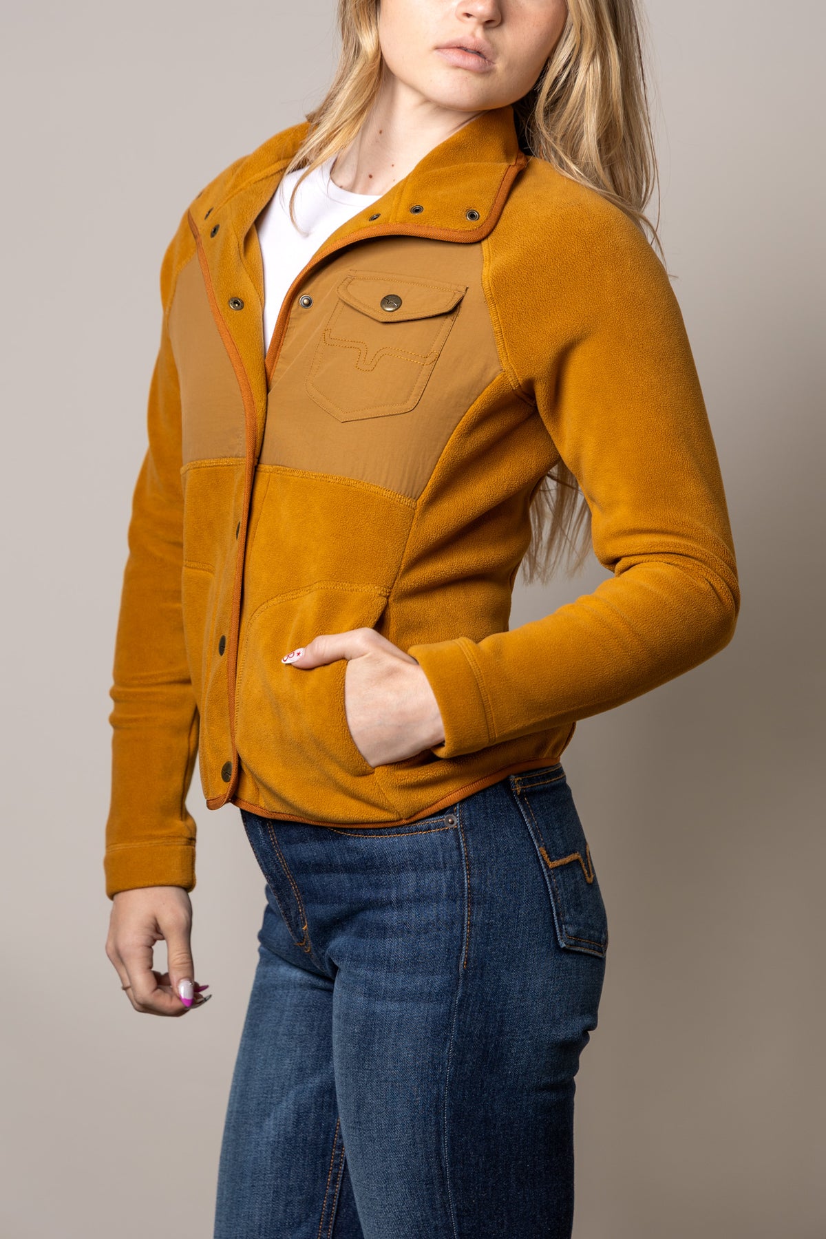 Kimes Ranch Selma Fleece sweatshirt in Work Wear Brown, side view, with contrast chest pocket and front hand pockets