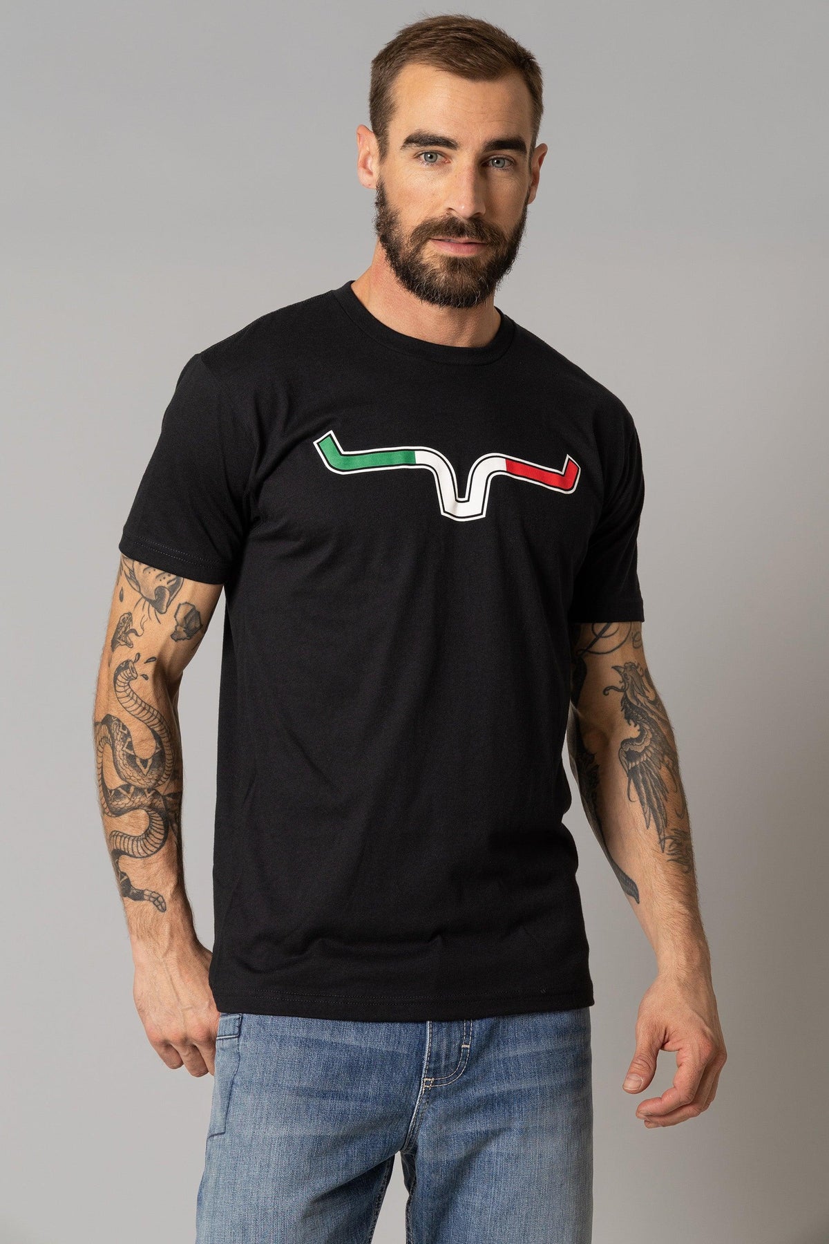 Kimes Ranch Semana Shirt in Black with a graphic of a green, white, and red wavy line across the chest