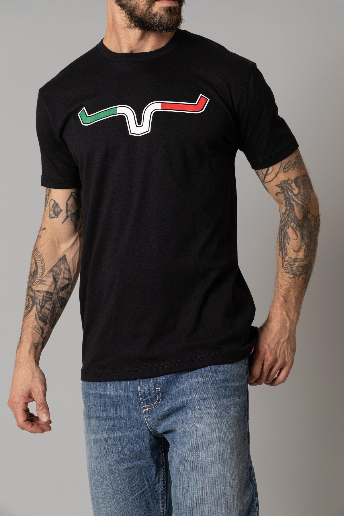 Kimes Ranch Semana Shirt in Black with a graphic of a wavy line in green, white, and red